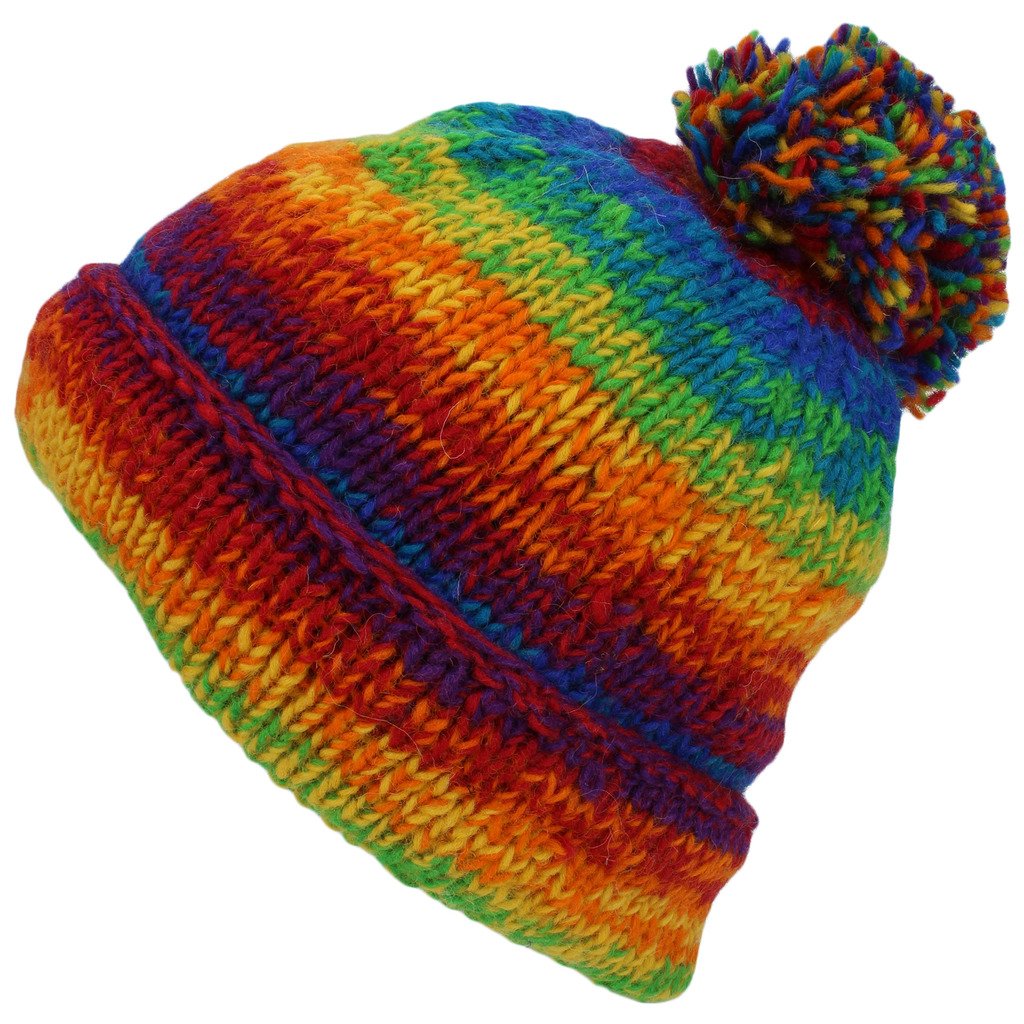 Loud Hats Rainbow Chunky Wool Knit Slouch Beanie Bobble Hat with Turn Up Brim