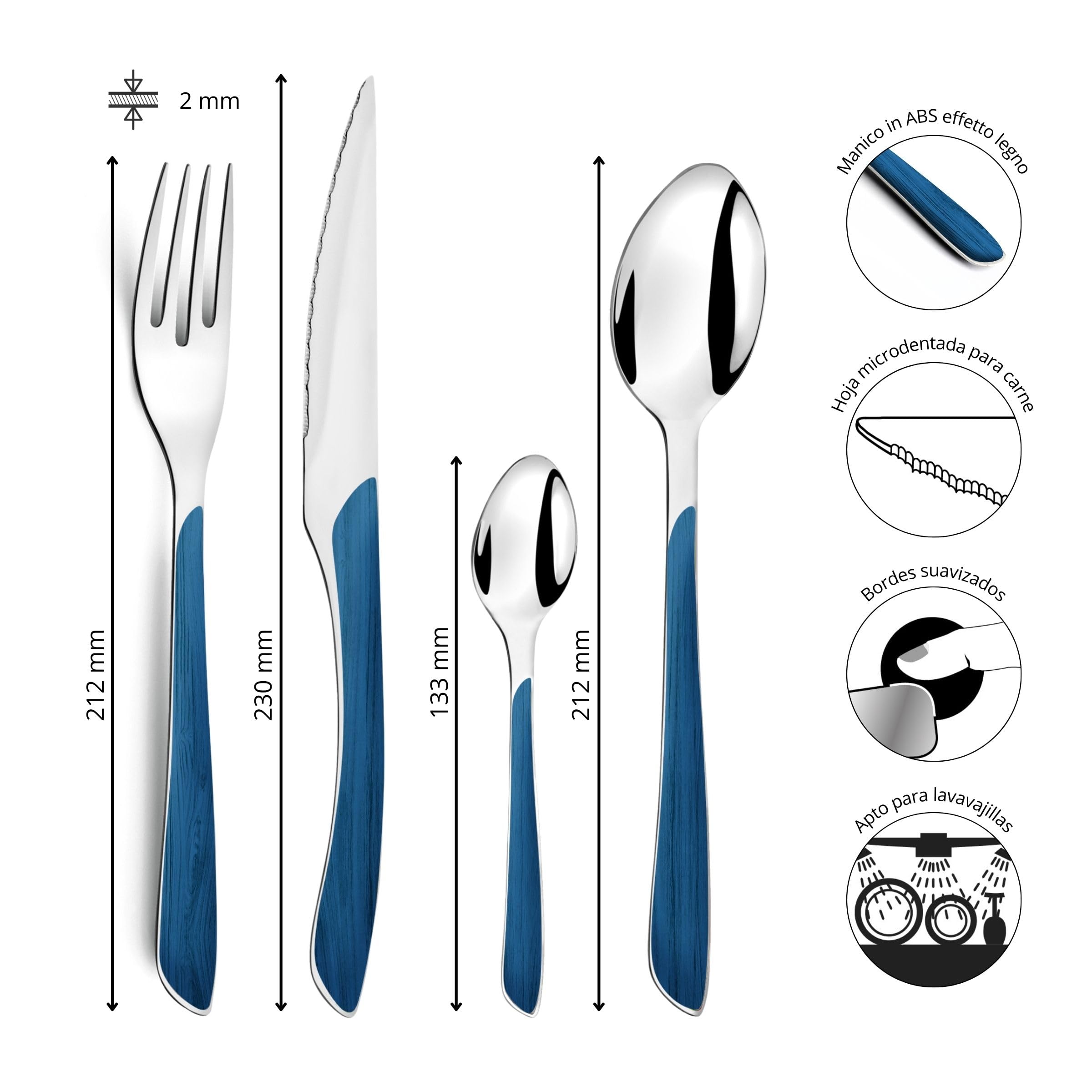AMEFA - Servizio di posate da 24 posti per 6 persone - Eclat Nature - Acciaio 18/0 - Finitura Brillante - Blu navy