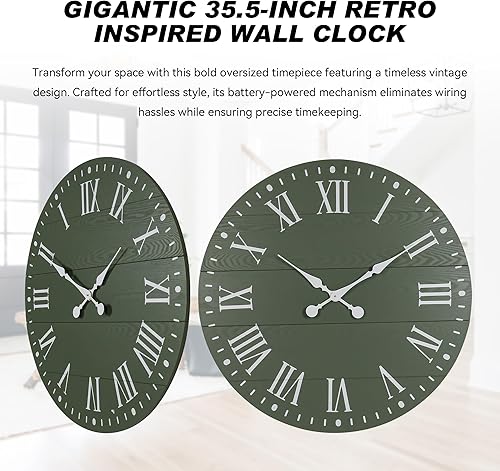 Miniatura 9 de Reloj de pared grande con número romano, reloj de pared Shiplap de 35 pulgadas, estilo casa de campo, casi sin tictac, reloj redondo para decoración