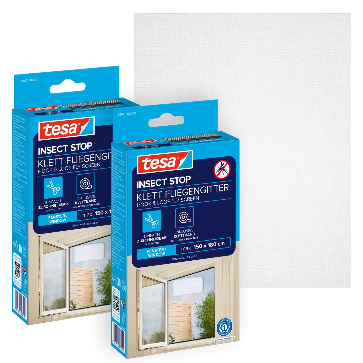 tesa INSECT STOP H&L Fly Screen for Window - mosquitera con cinta autoadhesiva, corte a medida, sin taladrar, blanco - 1x 150 x 180 cm