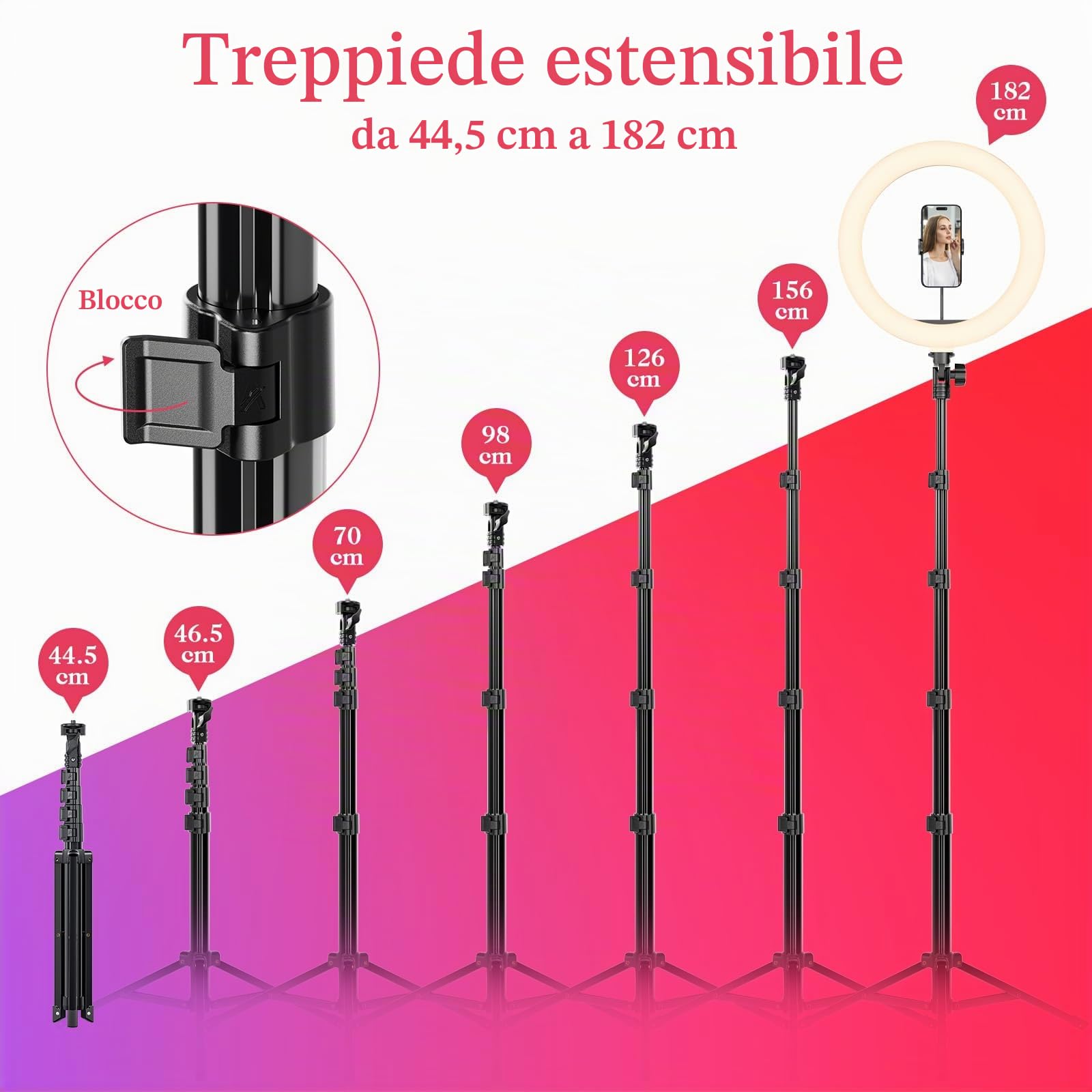 Ring Light Professionale, 182cm Treppiede per Smartphone con Luce, 10" Luce RGB Dimmerabile ad Anello per Selfie, Youtube, TikTok, Video & Fotografia