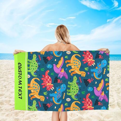 Miniatura 2 de Toalla de playa personalizada, toallas de playa personalizadas de animales de dinosaurio coloridos con nombre y foto, imagen de texto, toallas de