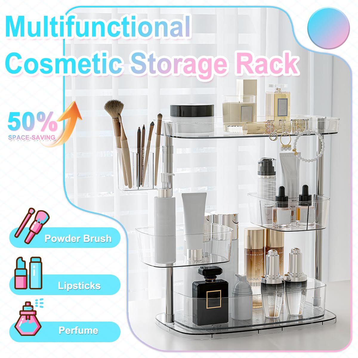 EXPSPRU Makeup Organizer Large Cosmetic Display Case with 3 Adjustable 360 Rotating Makeup Carousel Spinning Holder Rack - Image 2