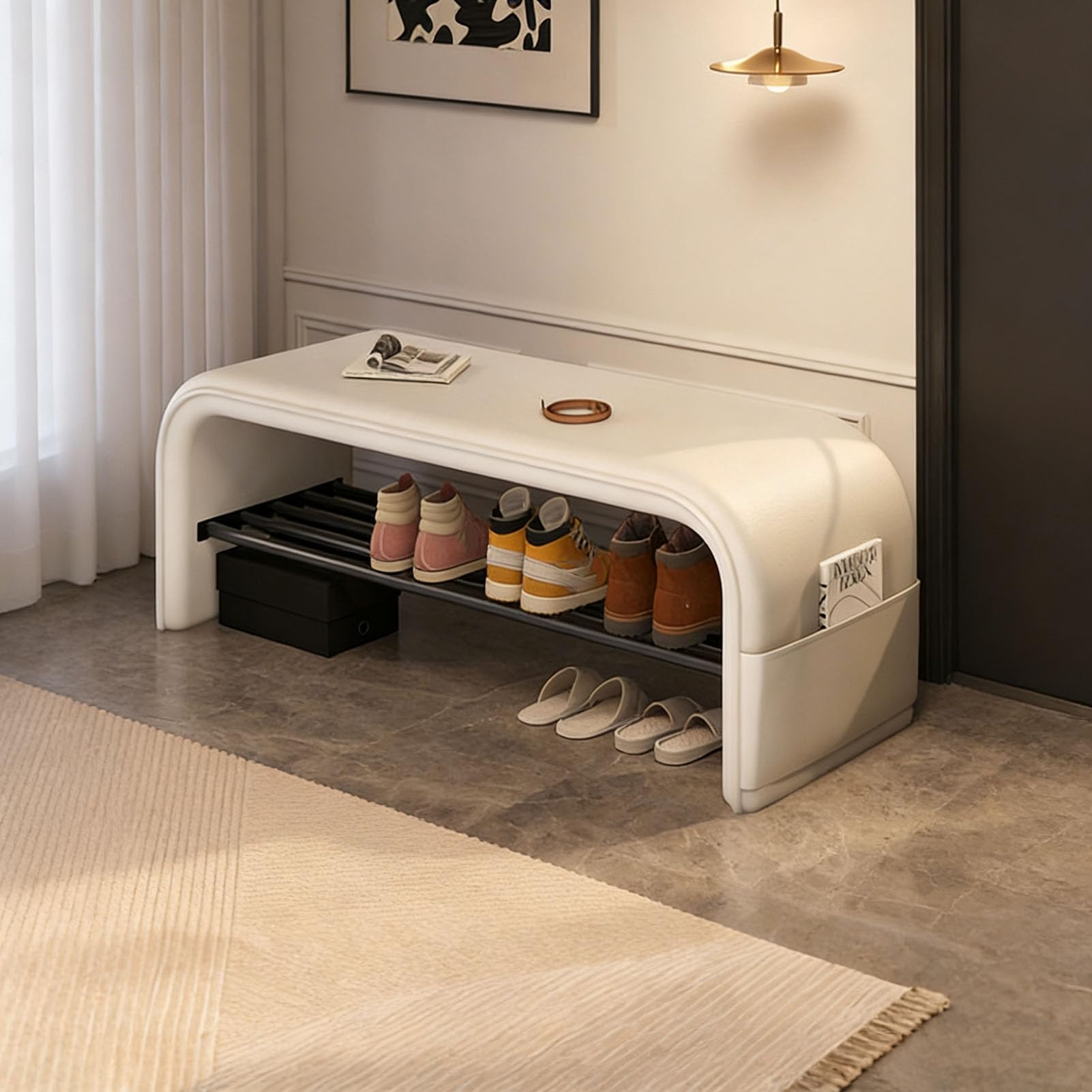 GDMDPTE Vinta White Wooden Shoe Bench with Sto Charming Country Sle Footwear nizer with Cush Entryway Fur Bei 60x35x42cm Ideal for Hallway