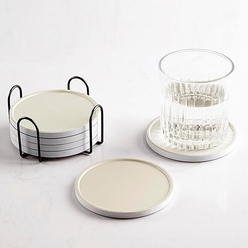 Juego de 6 posavasos beige con soporte, posavasos de cerámica absorbente con respaldo de corcho para protección de mesa, decoración de mesa, regalos