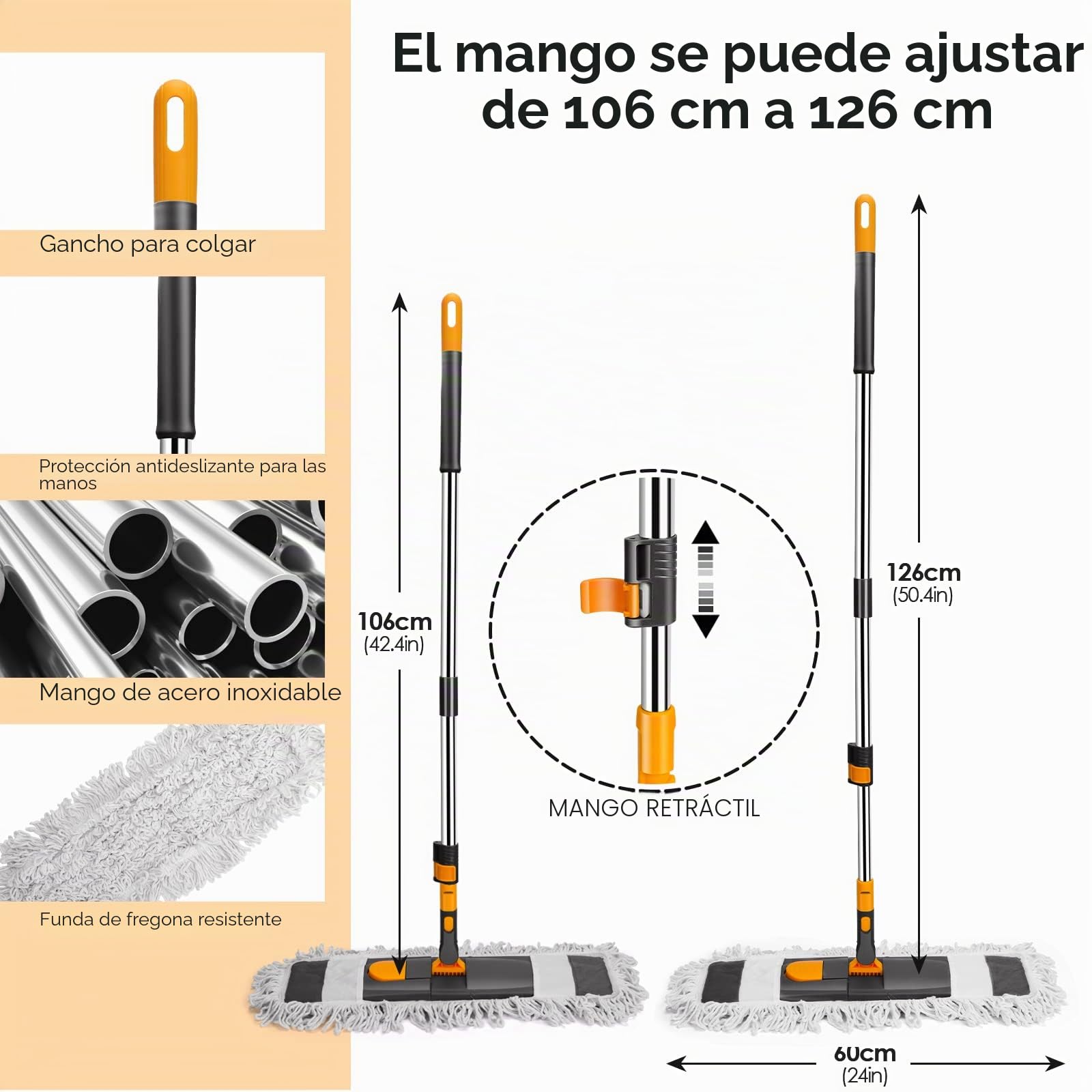 Myiosus Fregona Plana, Grande Mopa y Mango Telescópico de Acero Inoxidable de 126 cm, 2 Almohadillas de Microfibra para Madera Dura, baldosas, Limpieza de Pisos laminados Seco y en Húmedo