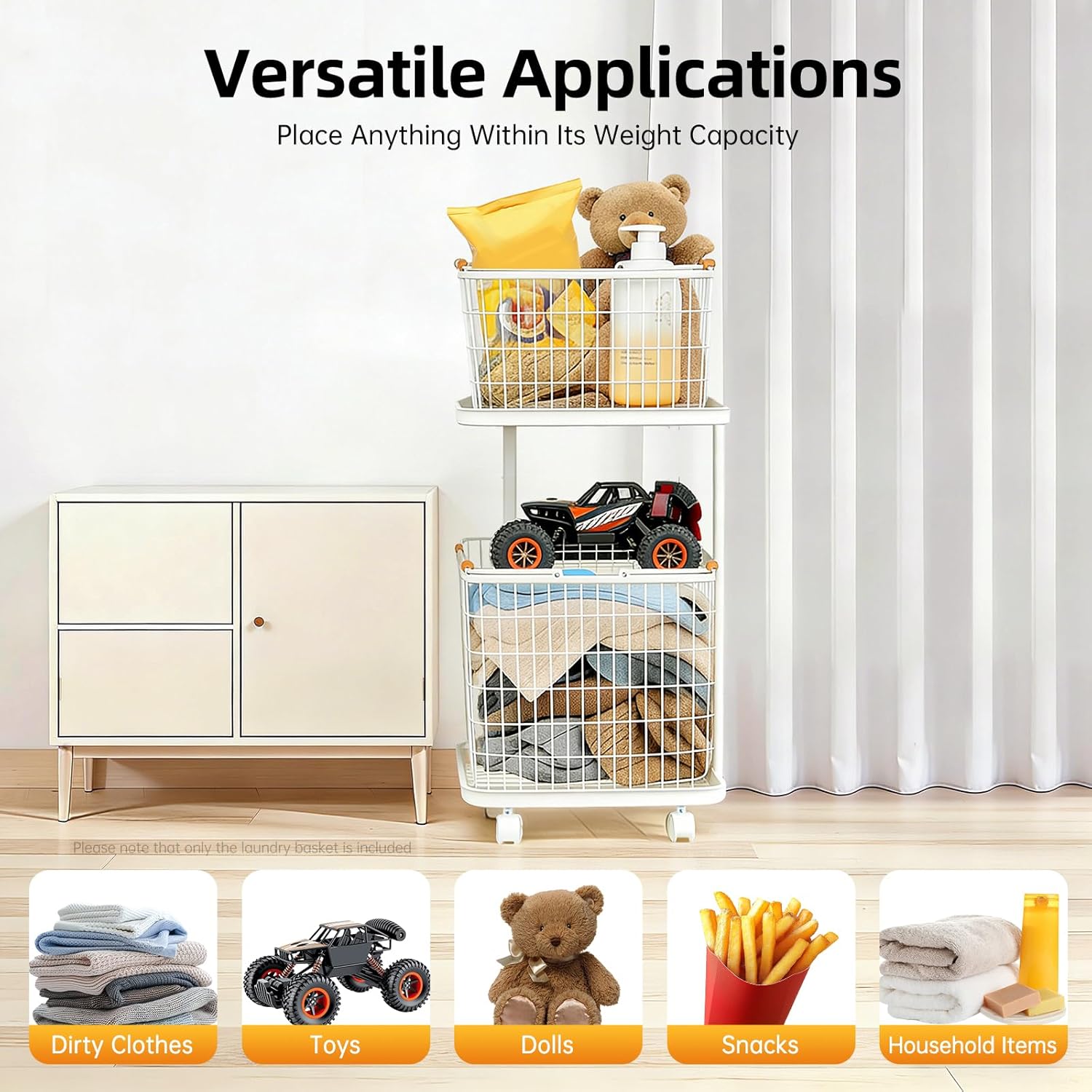 2 Tiers Laundry Basket with Wheels, Rolling Laundry Sorter Baskets Removable Wire Laundry Basket Shelf Stackable Laundry Baskets Laundry Basket Holder Vertical Laundry Sorter for Bedroom