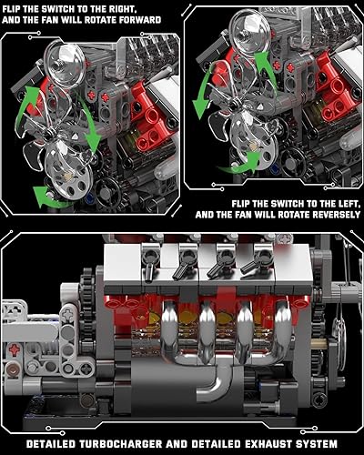 Miniatura 3 de Mould King Kit de modelo de motor V8 10225 que funciona construye tu propio motor STEM V8 con transmisión, kit de motor de coche de 8 cilindros para