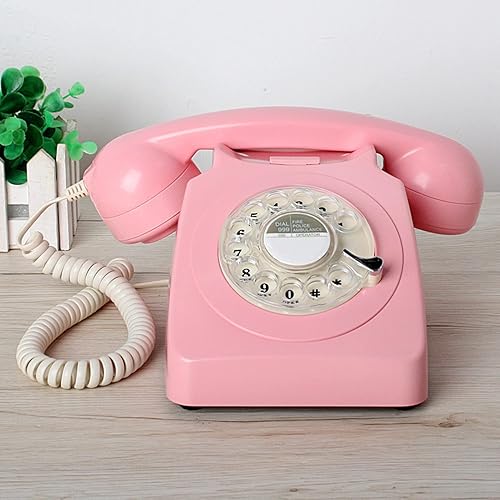 Miniatura 1 de Retro Corded Phone with Redial Function,Rotary Dial Telephone for Home,Old Fashioned Landline Phones with Classic Metal Bell,Pink