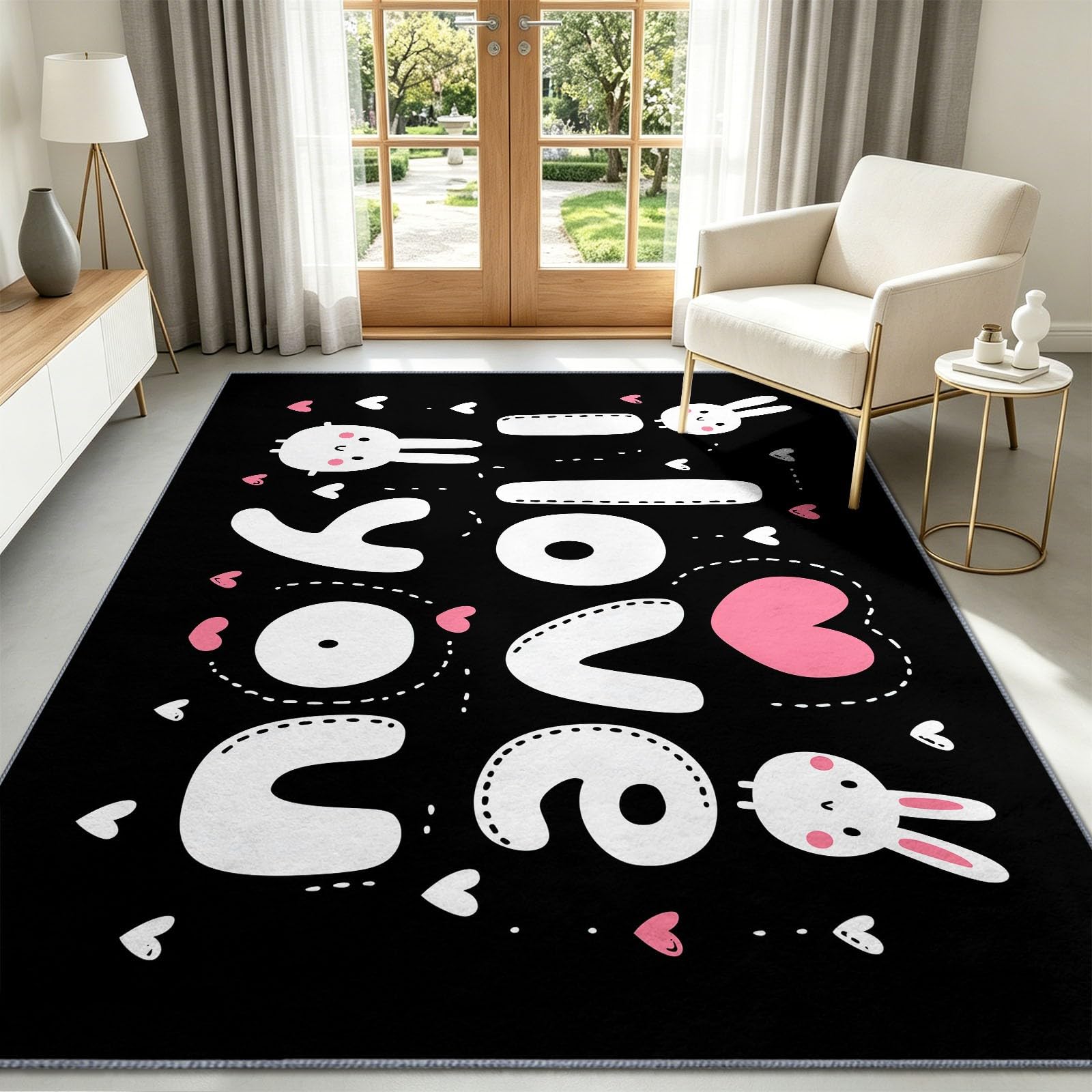 Tappeto lavabile, 80 x 150 cm, con coniglietto bianco, cuore, amore, per cameretta dei bambini, antiscivolo, a pelo corto, facile da pulire, per soggiorno, camera da letto, corridoio, cucina