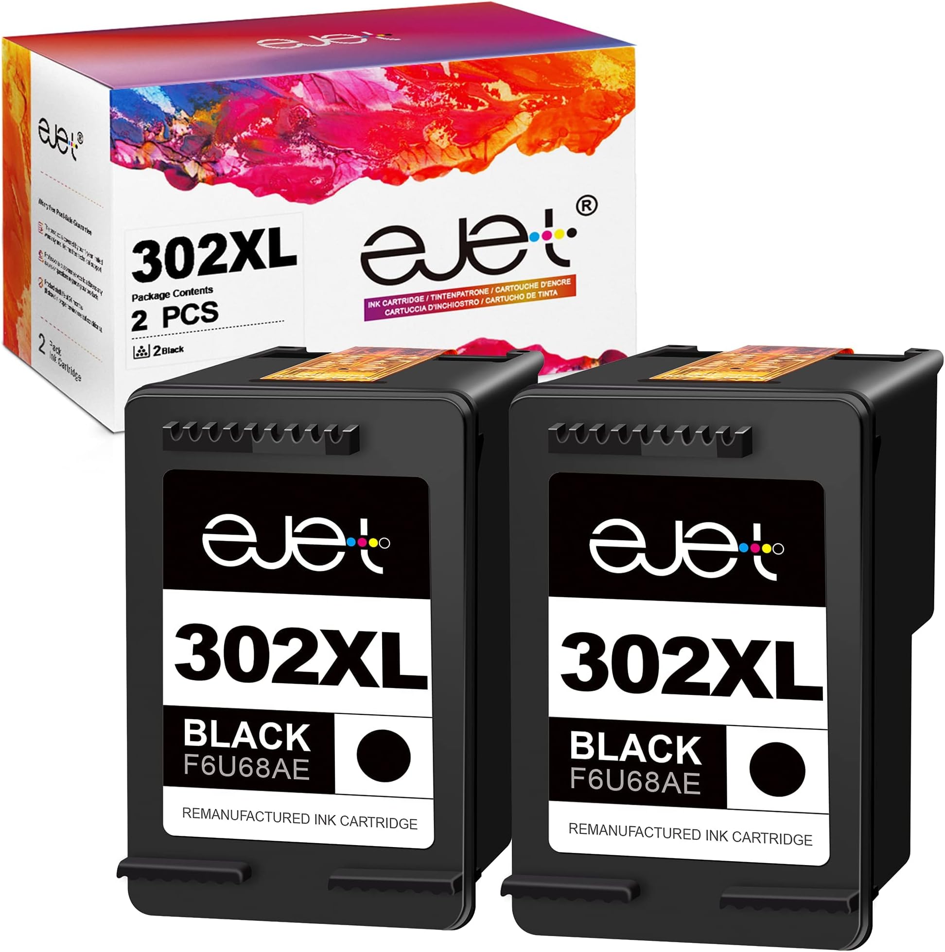 ejet 302XL Black Ink Cartridges High Yield Remanufactured for HP 302 XL for OfficeJet 3830 3831 3835 4650 Envy 4520 4524 4527 Deskjet 2130 2134 3630 3632 3634 Printer (2 Black)