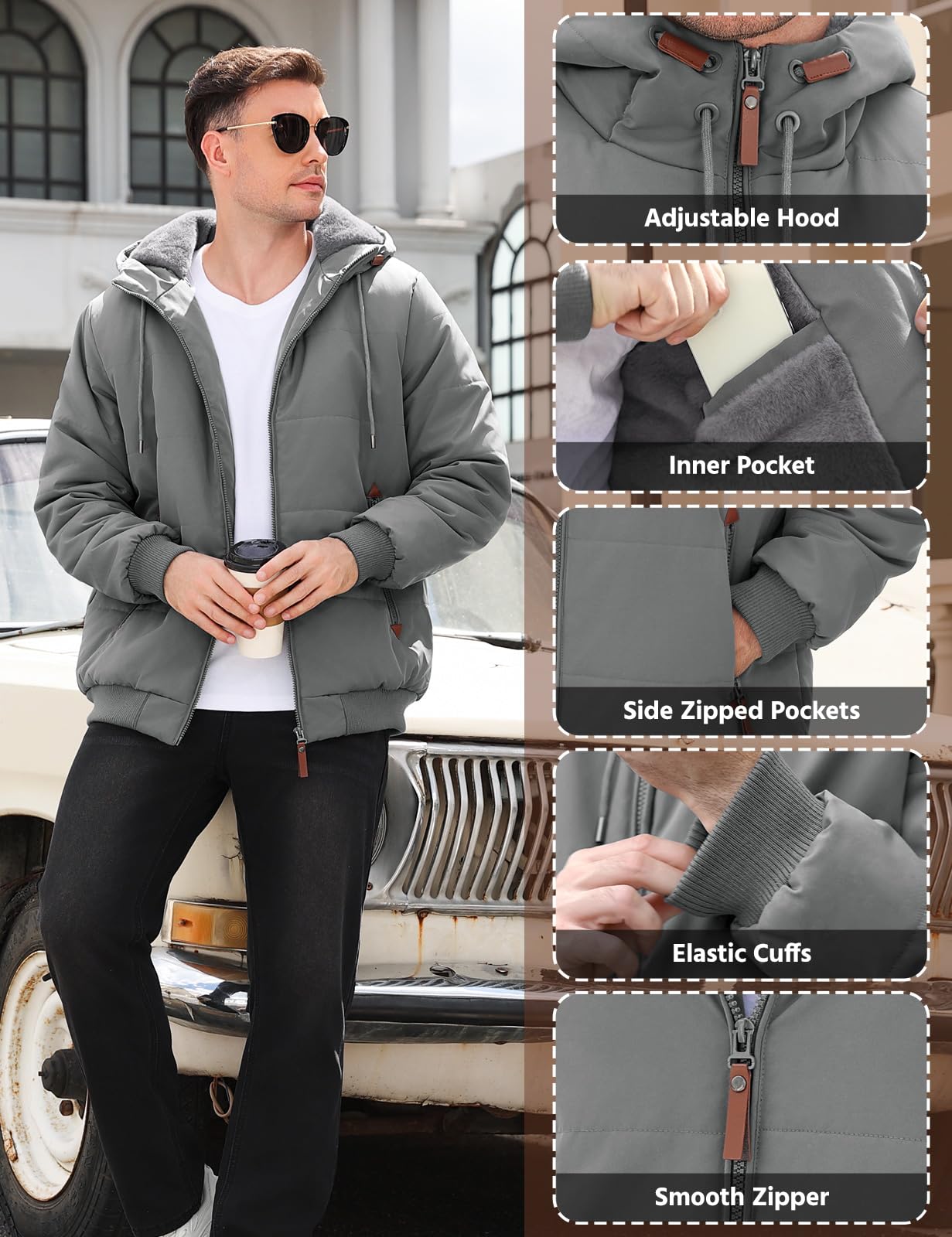 Voqeen Herren Winterjacke mit Fleece Gefüttert Warme Steppjacke mit kapuze Dicke Thermojacke Wintermantel für Männer