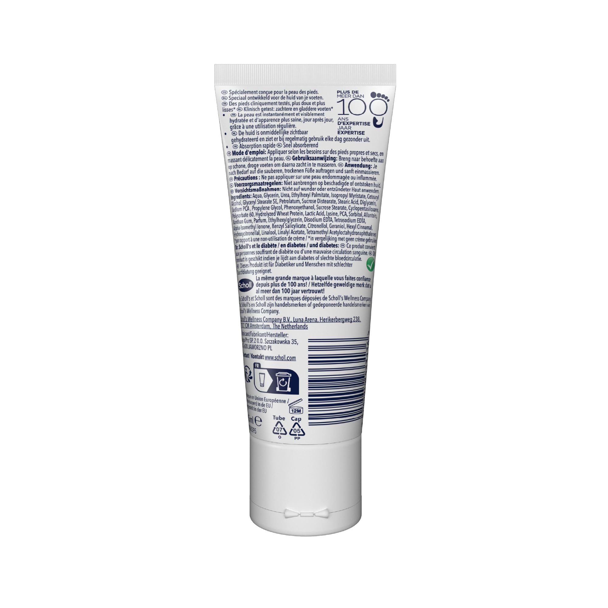 Dr. Scholl's Crème Pieds Hydratation Renforcée - Peaux Sèches et Abîmées - Glycerine Enrichie pour Pieds Plus Doux - Hydrate Immédiatement et Protège Contre Sécheresse - Confort Durable - 75ml