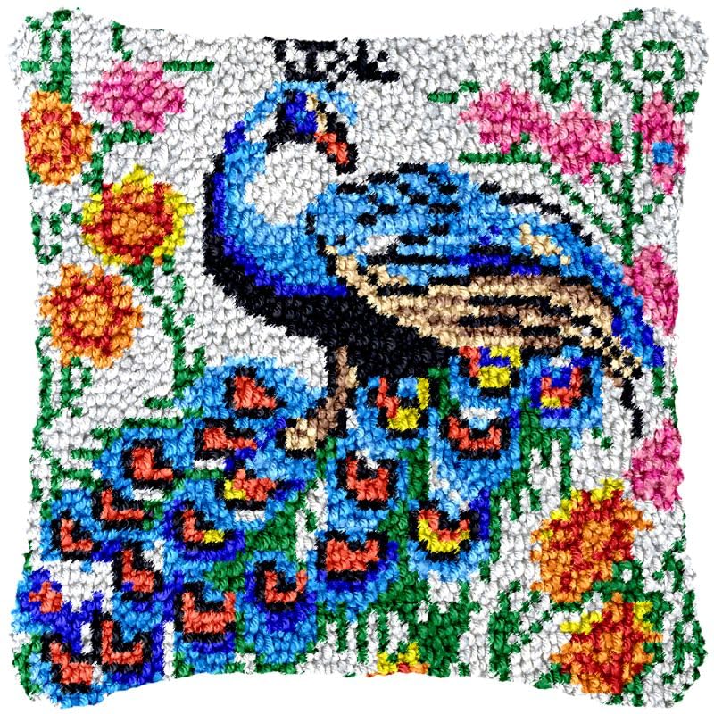 Flower Peacock Latch Hook Pillow Cover Kits for DIY Handmade Throw Pillow Cross Stitch Latch Hook Pillowcase Rug Kits with Preprinted Color Pattern
