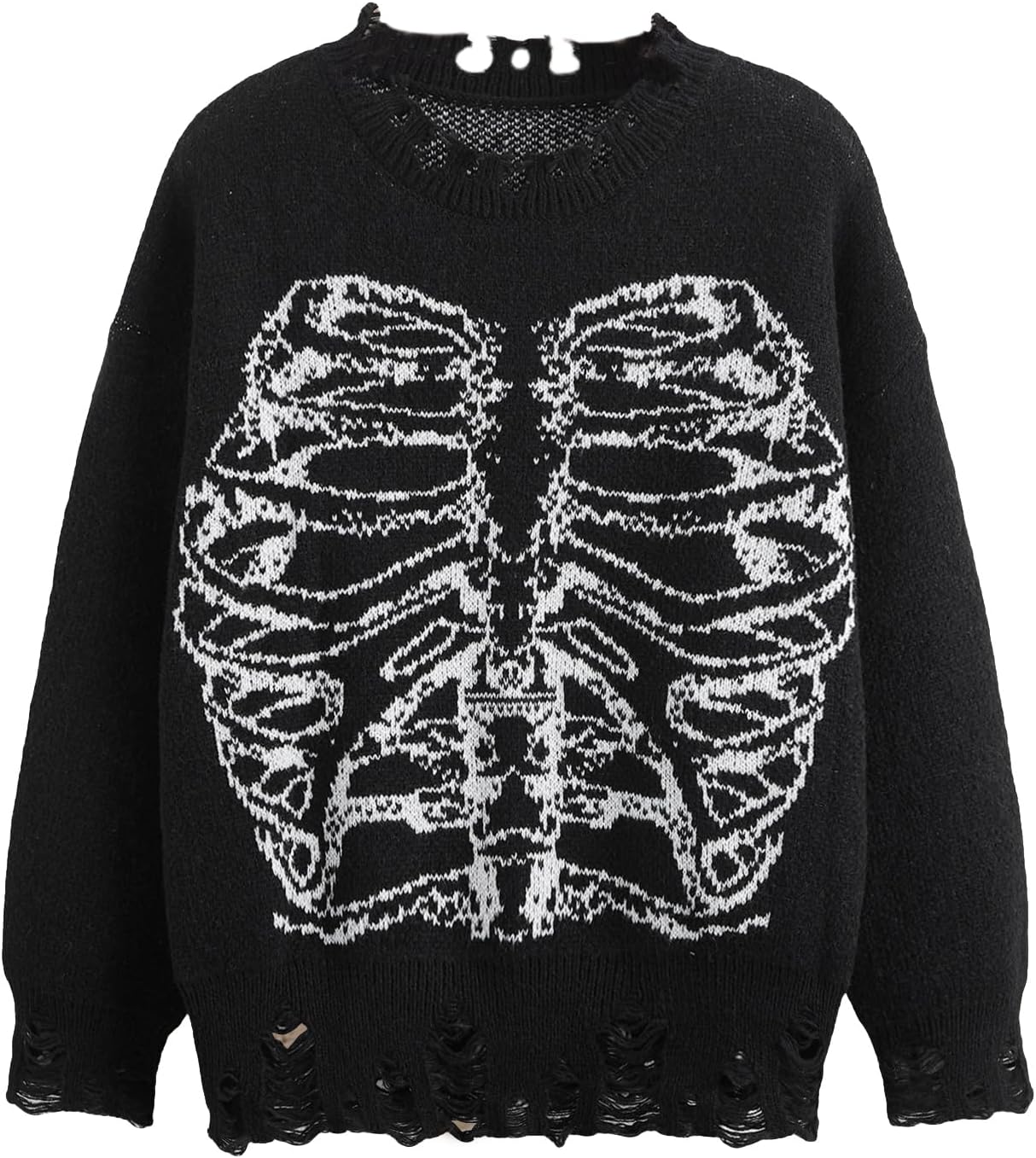 SHENHE Women's Oversized Skeleton Pattern Ripped Round Neck Sweater Pullover