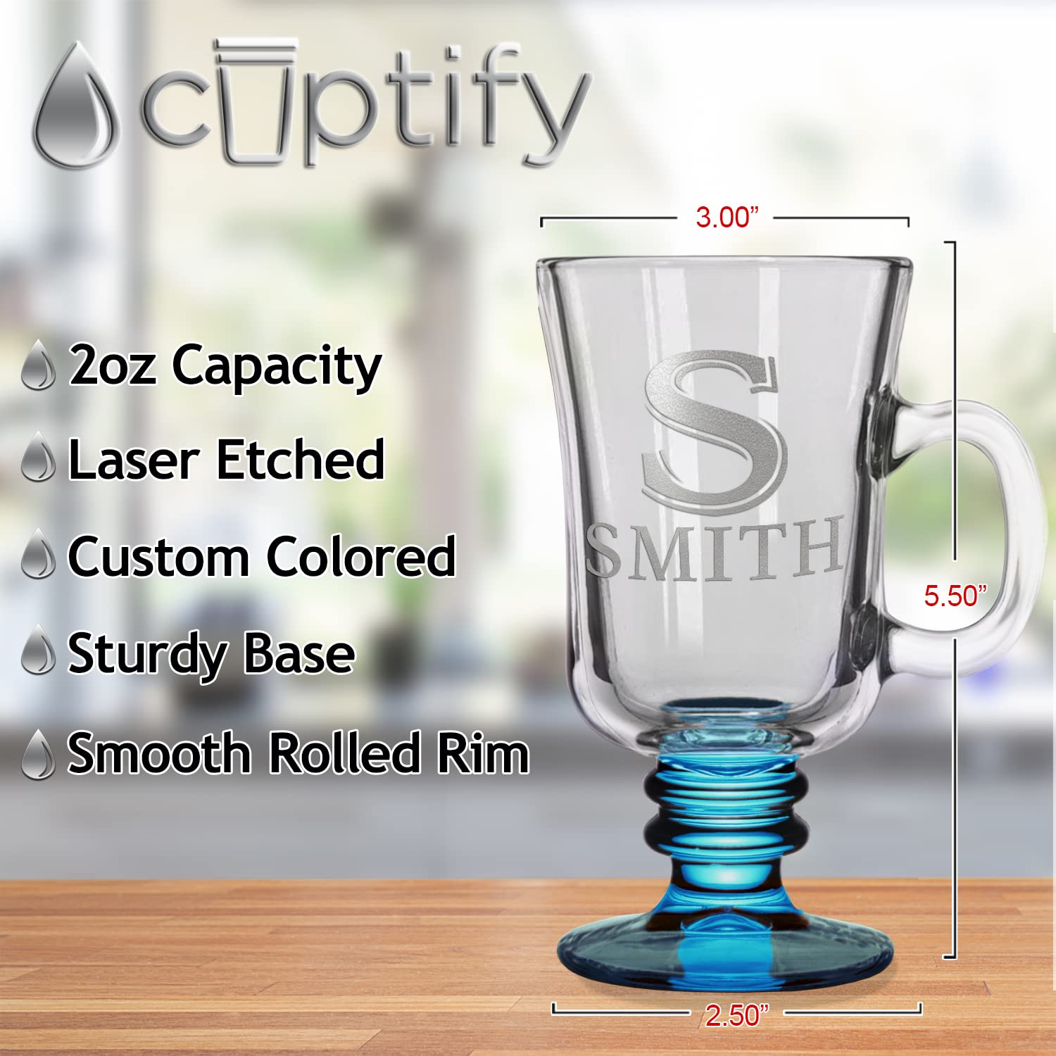 Personalized Glass Mug Initial and Name 8.5 oz Light Blue Bottom Etched Irish Coffee Mug with Custom Text Birthday Gift for Men and Women