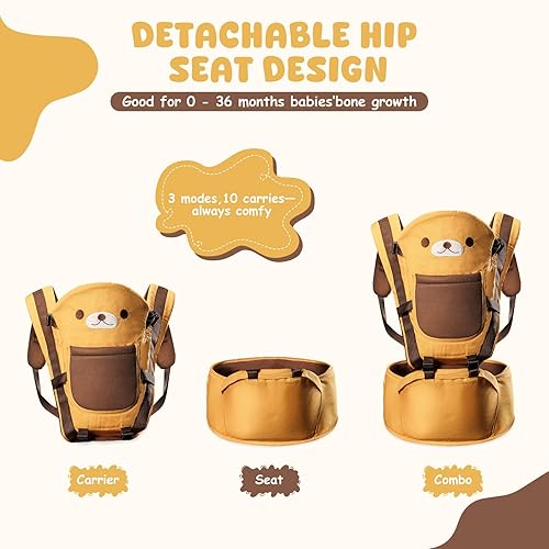 Miniatura 3 de Portabebés 6 en 1 con asiento de cadera, para bebés de 0 a 48 meses, portabebés suave para recién nacidos hasta niños pequeños (osito)
