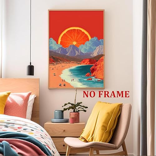 Miniatura 6 de Arte de pared de montaña de playa naranja, impresión estética vintage sin él, imagen retro de los años 70, arte de pared bohemio con atardecer en el