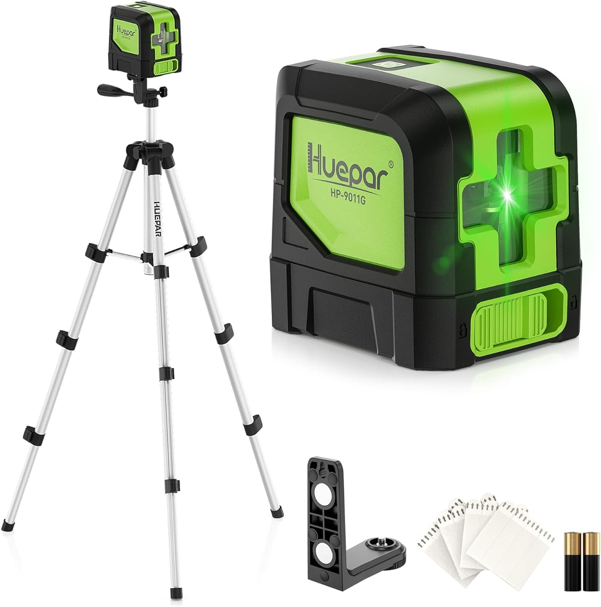 Huepar Laser Level with Tripod,100Ft Self Leveling Green Cross Line Laser for Picture Hanging, Tile, Decoration & DIY Construction – AA Battery&Picture Hanging Strips, Indoor Use