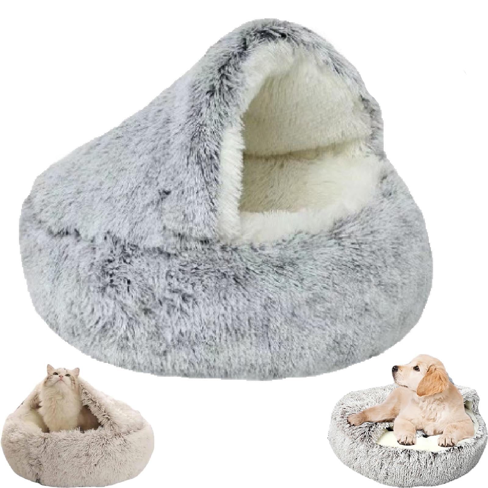 Zureto Cozy Cocoon Pet Bed for Dogs, Winter Pet Bed, Covered Dog Bed for Small Dogs, Winter Comfy Cocoon Pet Plush Bed (50 * 50 cm, Grey long plush)