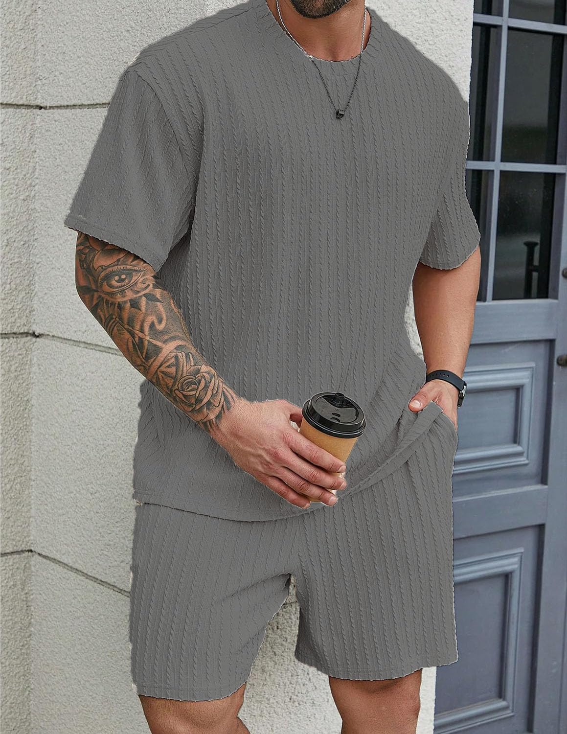 Trainingsanzug Herren Sommer 2 Teiliges Jogginganzug Herren Set Casual Kurzarm T-Shirts Kurze Hose Freizeitanzug