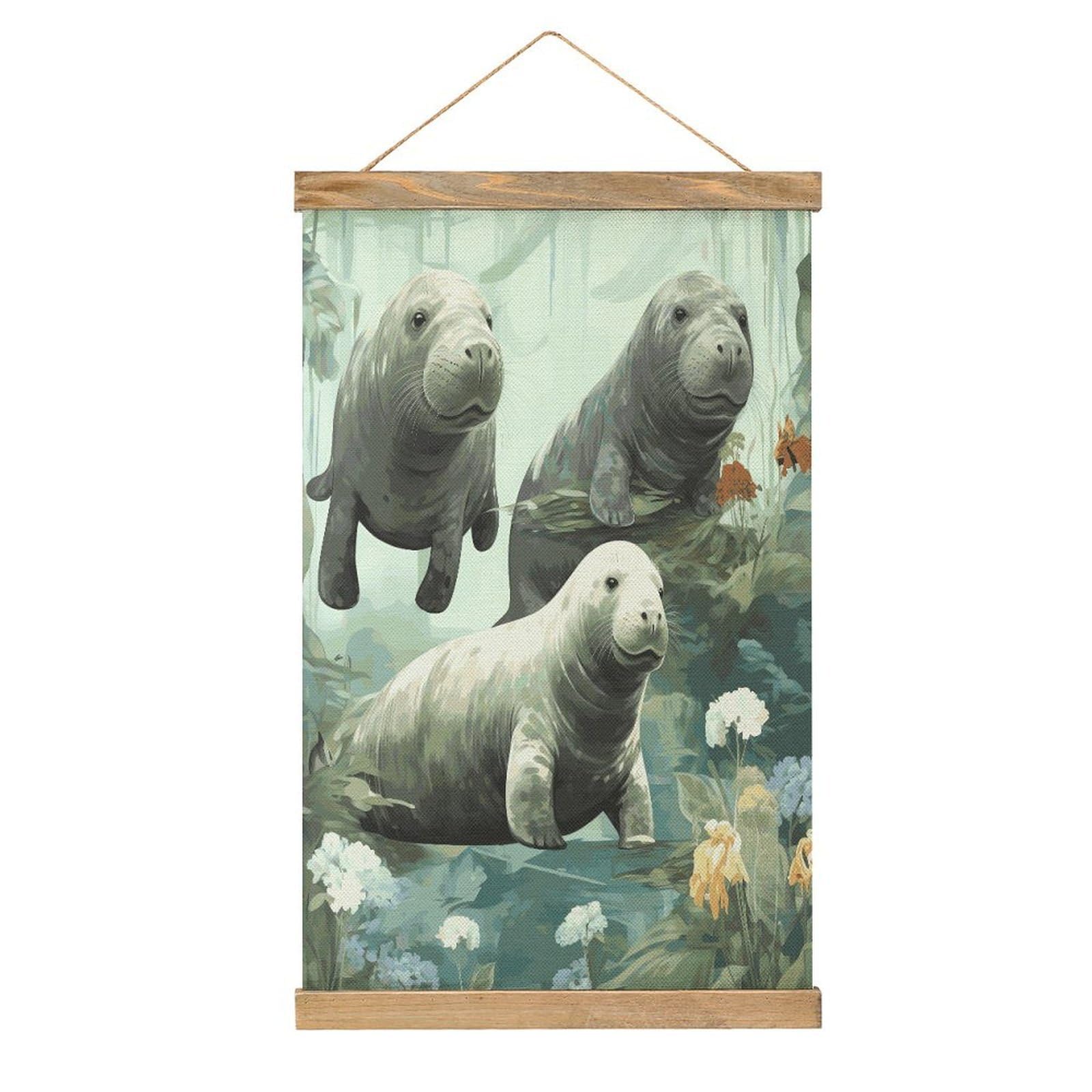 FekiLoot Rabbits Manatees Wall Art Poster Hanger Frame Linen Wall Art Decor Vintage Hanging Poster Hanging Wall Decor Rustic Retro Wall Art Print for Living Room Decor 20.4 X 13.1Inches