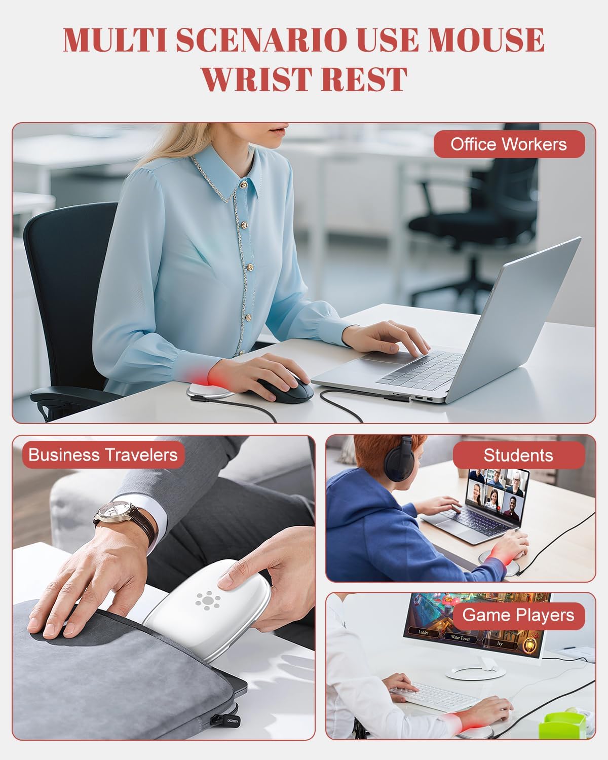 Astarexin Red Light Therapy Mouse Wrist Rest - 660nm+850nm Touch-Activated Near-Infrared Light for Hand, Ergonomic Design for Office/Gaming/Travel/Laptop