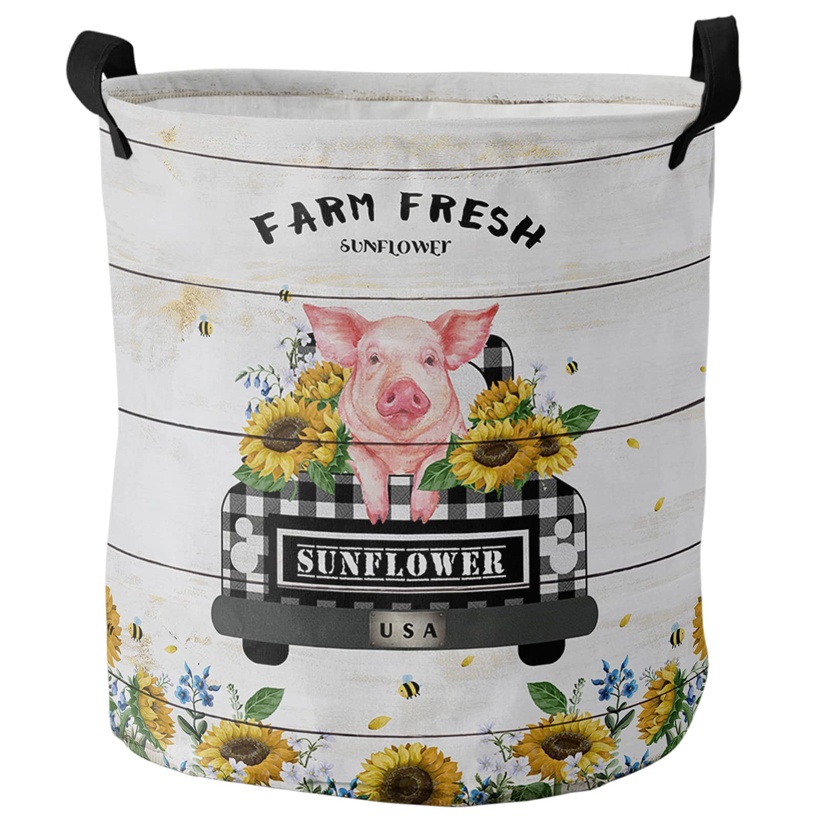 Farmhouse Pig Laundry Hamper, Foldable Clothes Hamper Basket with Extended Handles for Storage Clothes Toys in Bedroom Bathroom Dorm, Funny Pig on Truck Sunflowers Wooden Planks