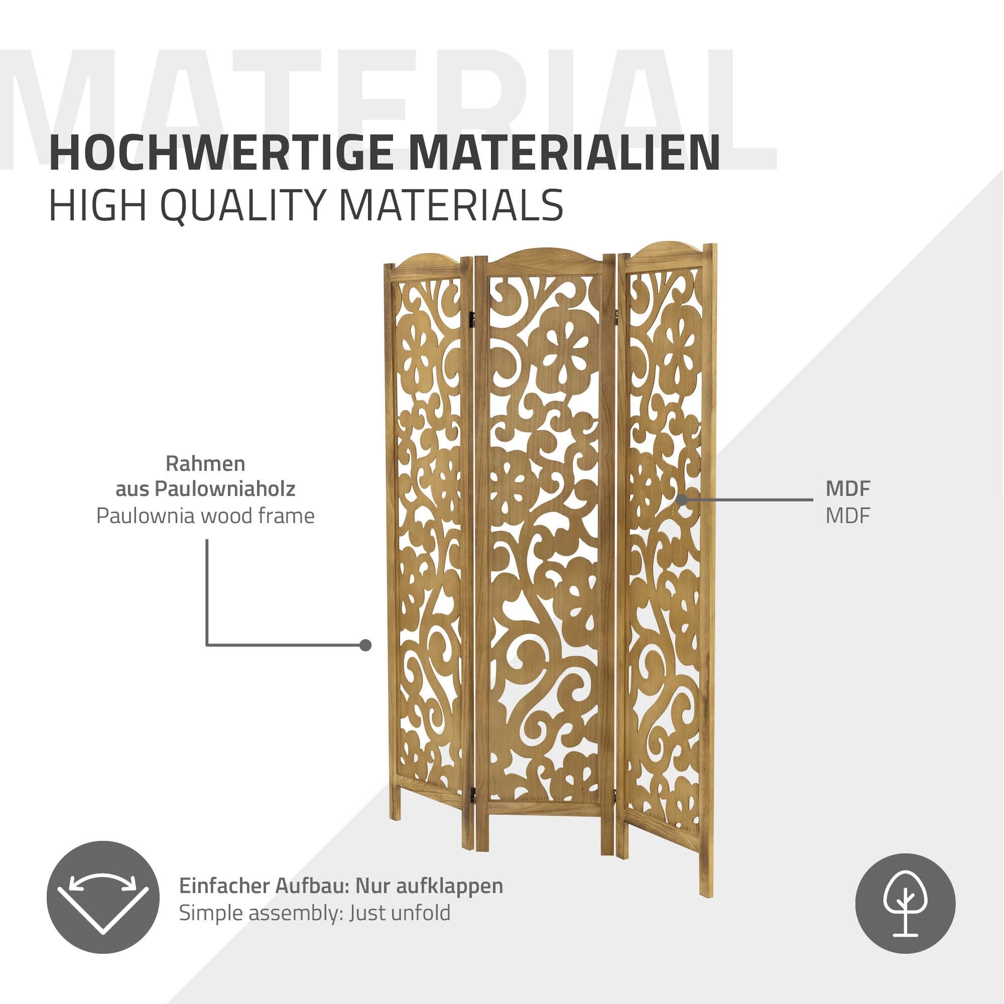 ML-Design Paravent Intérieur Yokohama, Naturel, 172x121 cm, en Bois, à 3 Panneaux Pliables, Cloison de Séparation Décorative Séparateur de Pièce Diviseur Écran d'Intimité Vestiare Protection Visuelle