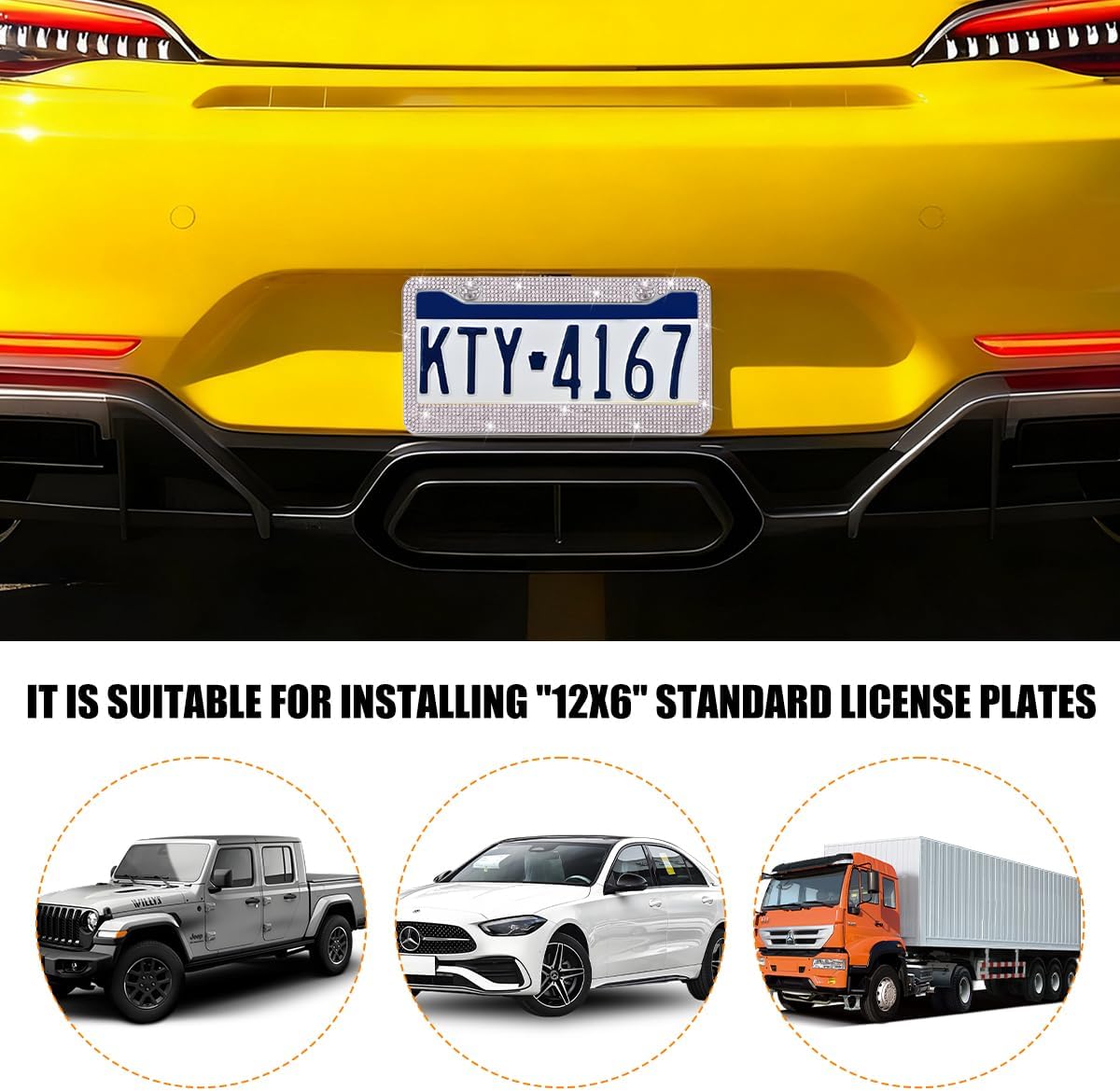 2 Pack Stainless Rhinestone License Plate Frames, Yellow image 3