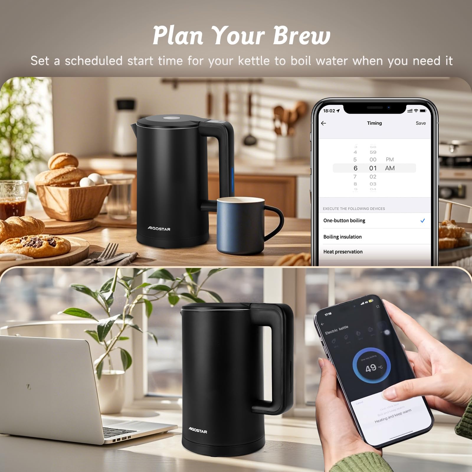 Aigostar Benjamin - Inteligente Hervidor de Agua Temperatura Regulable de 40°C a 100°C, Conexión Wi-Fi, Alexa y Google Home. Doble Pared de Acero Inoxidable, 2200W, 1,7L, Mantener Caliente 24 hora