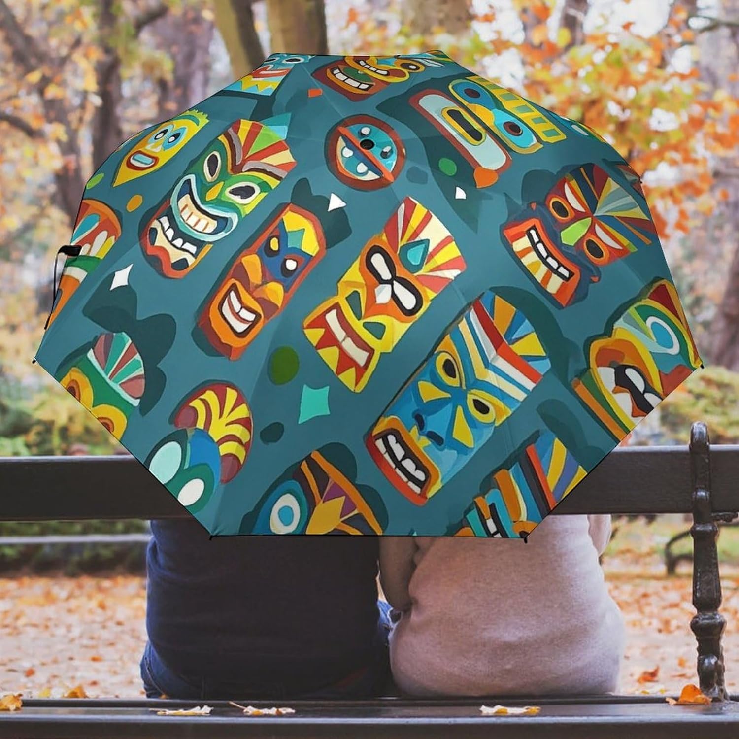 Colorful Tiki Mask Pattern Golf Umbrellas-2 Fold Automatic,Windproof Umbrella with Portable,Strong,Folding Umbrella for Women Men
