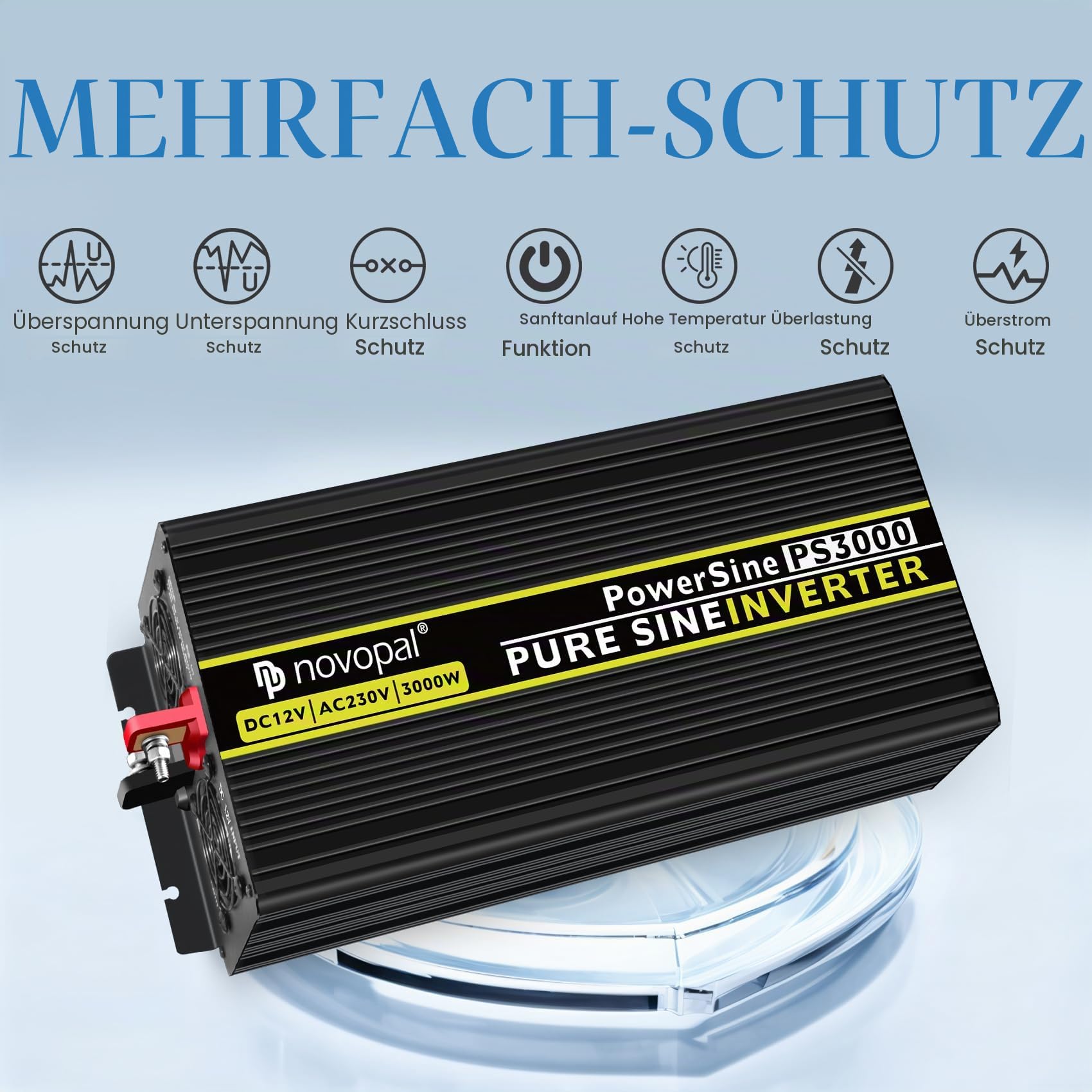 NOVOPAL 3000W Wechselrichter 12V auf 230V Reiner Sinus Spannungswandler Power Inverter mit 5M Fernbedienung und 2.4A USB Anschlüsse für Wohnmobil Auto Camping