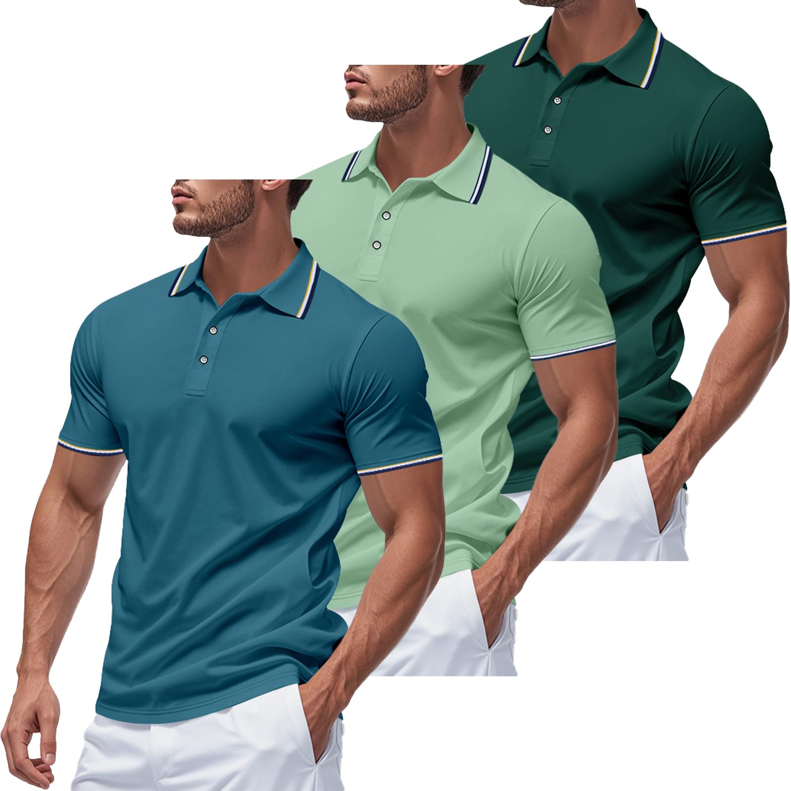 Herren-Polo-Shirts, schnelltrocknend, kurzärmelig, athletisch, feuchtigkeitsableitend, lässig, Golf-Shirt, 3er-Pack, 03green/dark green/dark cyan, Mittel