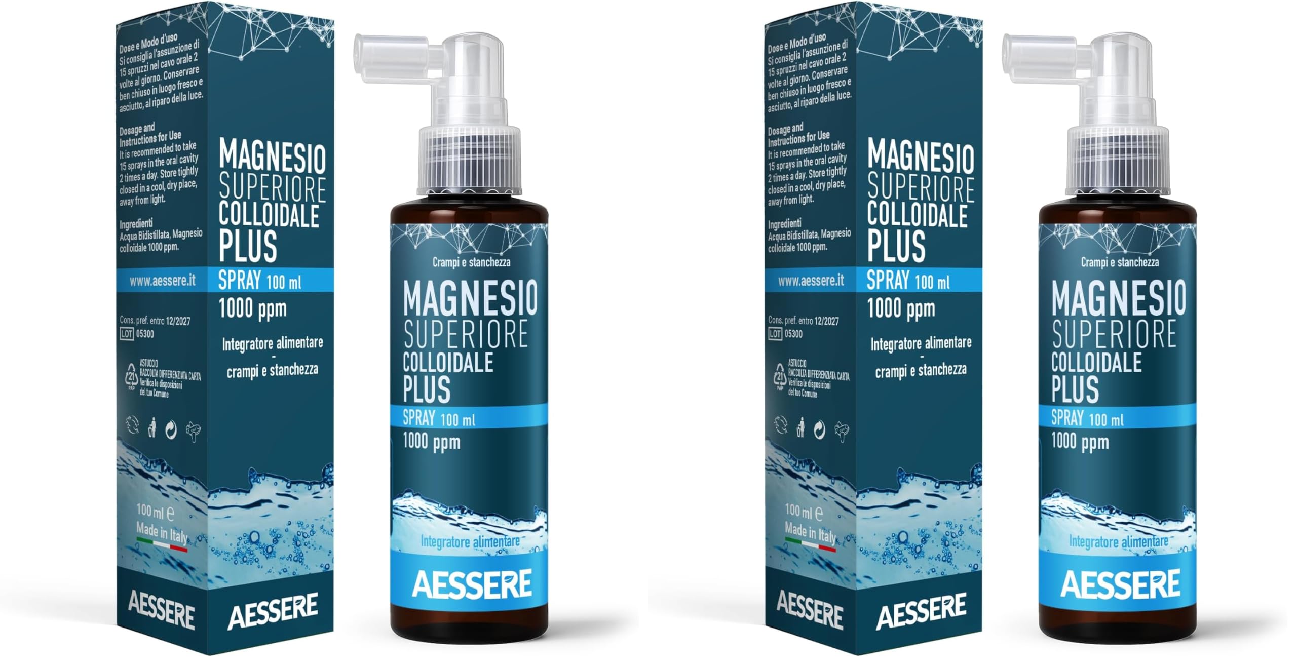 Magnesio Colloidale Spray - Integratore di Magnesio Puro ad Alta Biodisponibilità, Supporto Energia, Muscoli e Sistema Nervoso, contro Stress e Affaticamento – Made in Italy 100 ml – Aessere