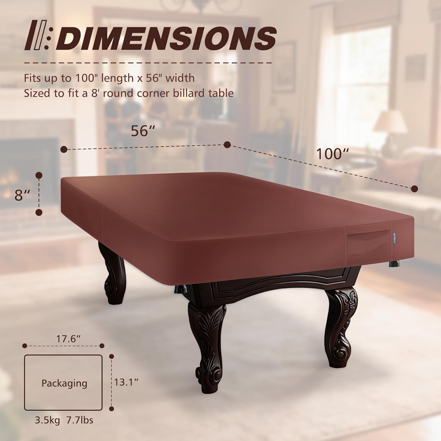 Leatherette Pool Table Cover with Pocket 8 Feet, Waterproof & Tearproof Heavy Duty Billiard Table Cover Burgundy Red 100"L X 56"W X 8“H