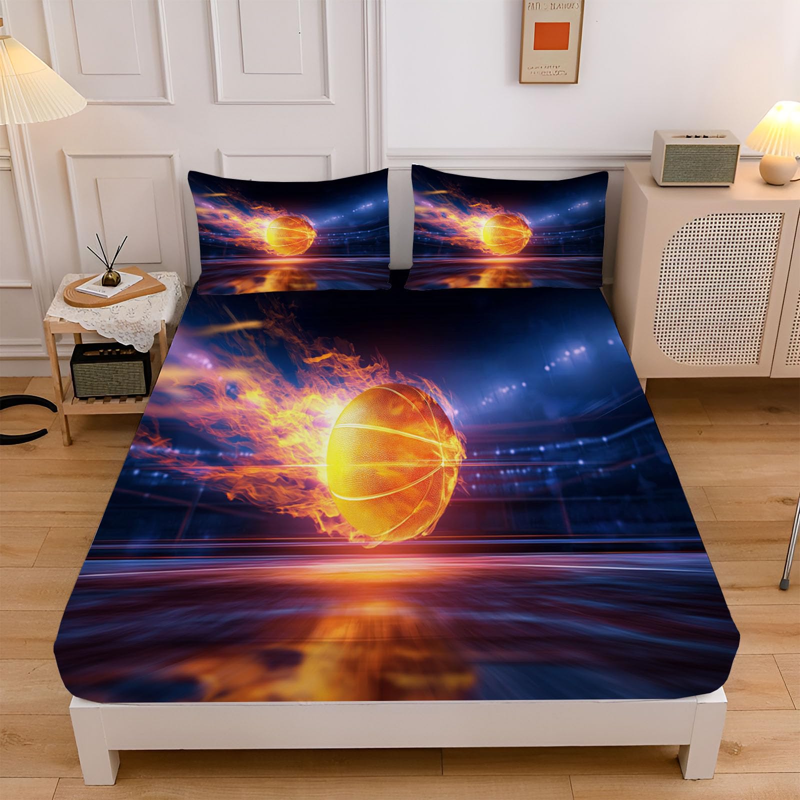 Sábanas 200X190/200Cm - Juego De Sábanas 3 Piezas Estampadas Baloncesto Flame - Microfibra Suave Transpirable - Sábana Bajera Ajustable - Ropa De Cama Estadio Moderno (Azul Marino)