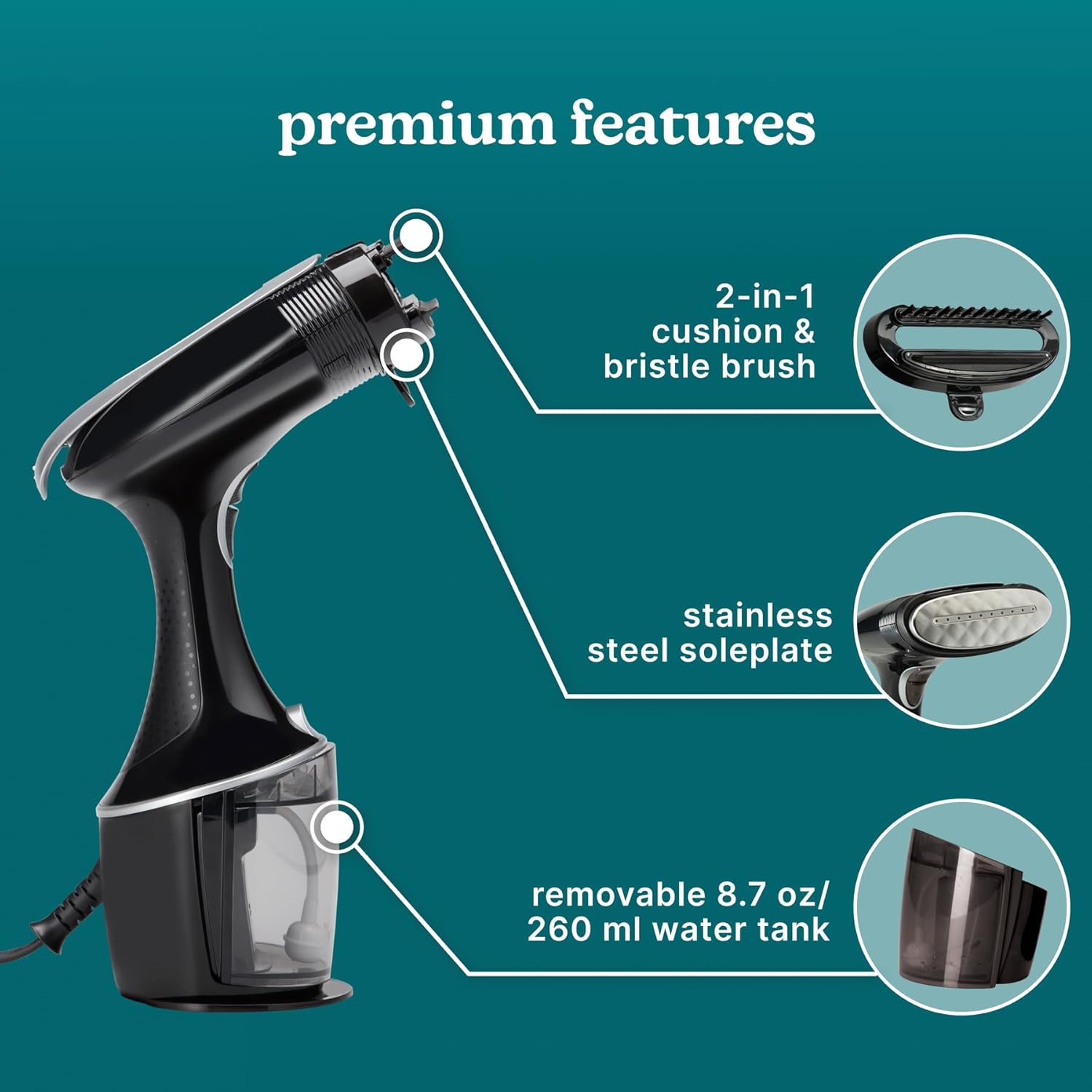 Homedics PerfectSteam Handheld Garment Steamer for Clothes, Sheets and Curtains - 1550 Watts Portable Garment Steamer, Fast Heat, Turbo Power, 15-Minute Continuous Steam, Built-In Crease Attachment