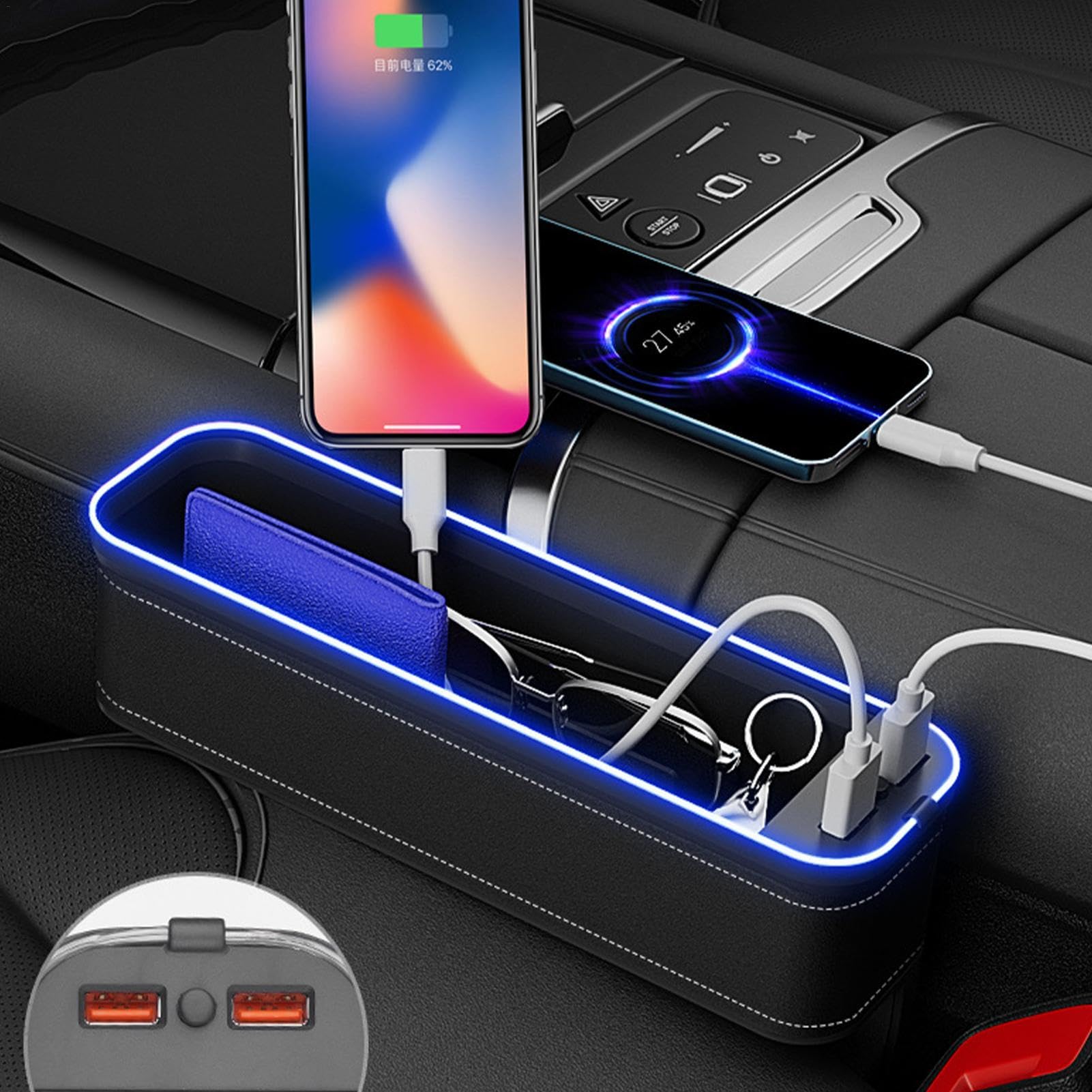 G-ap - Organizer con porta USB e luce a LED, per sedili auto, telefoni, chiavi, occhiali e carte