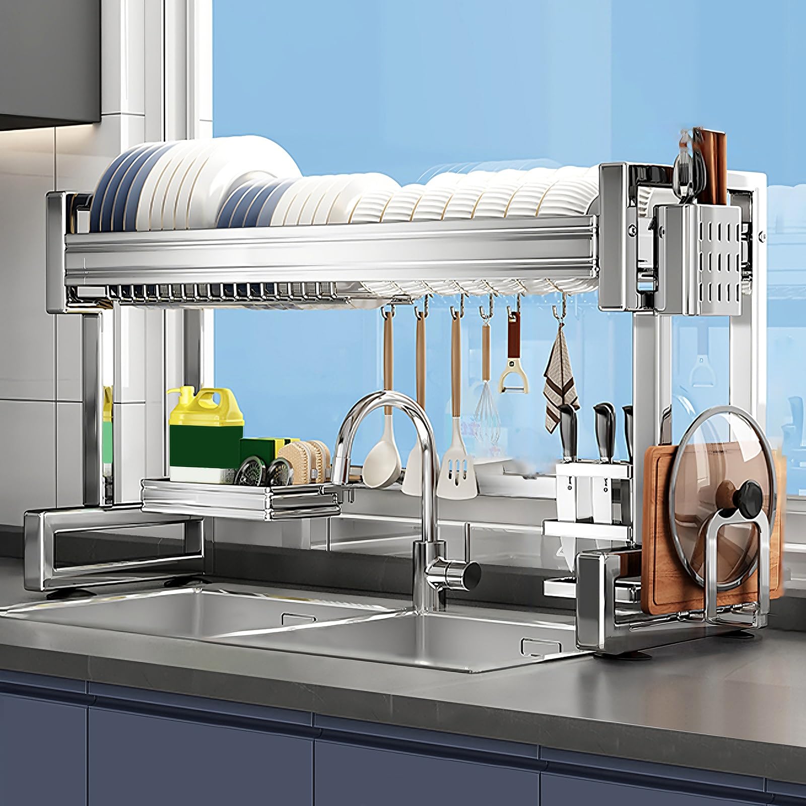 Scolapiatti da Appoggio per Lavello in Acciaio Inox Portaposate Scolaposate di Grande Capacità Organizer Cucina Salvaspazio per Piccoli Spazi, Appartamenti, Casa(56 * 26 * 55cm)