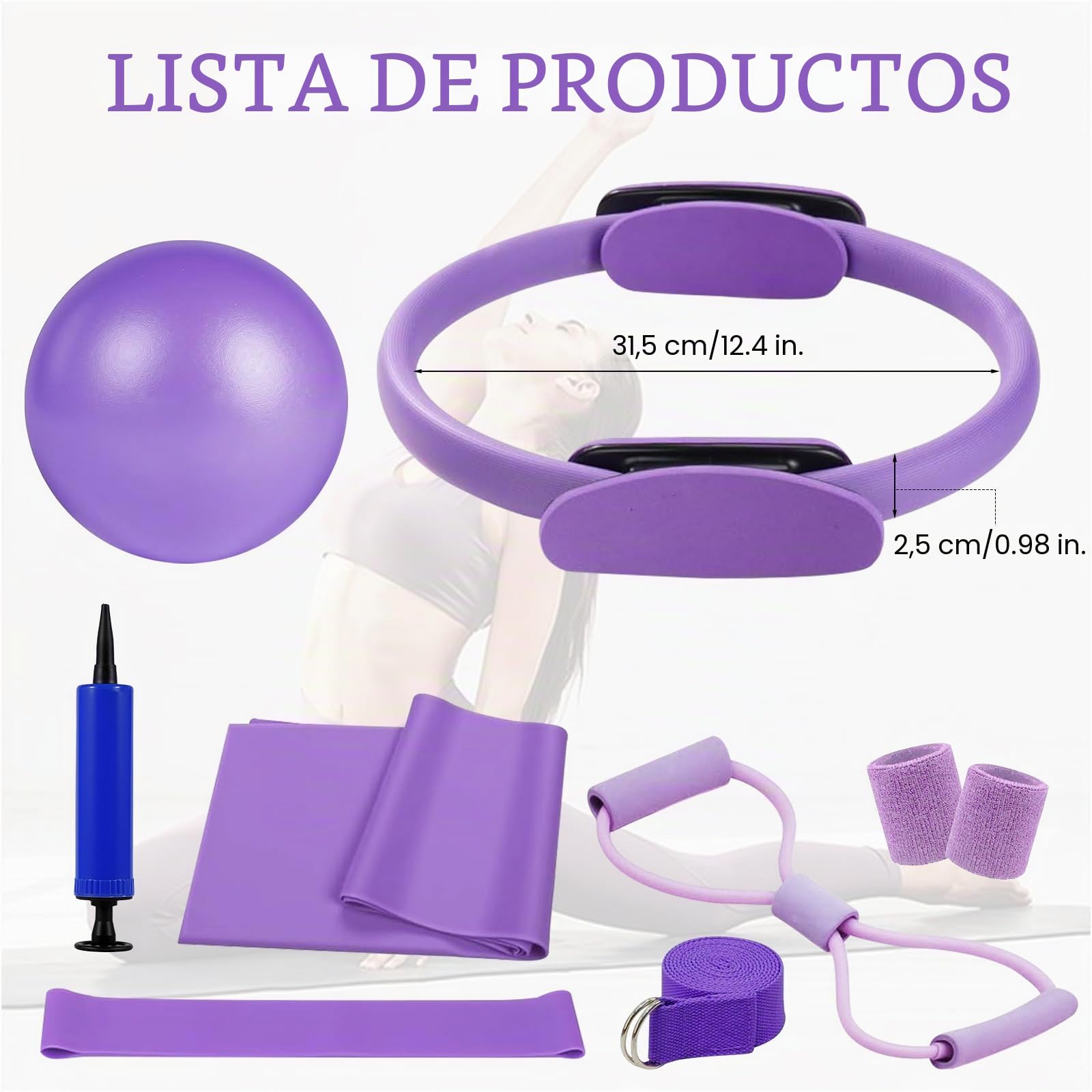 Kit Pilates en Casa, Pilates Essential Kit con Anillo de Pilates, Pelota de Yoga, Bandas de Resistencia, Correas de Muñeca Antideslizantes, Accesorios de Pilates para Mujeres, Entrenamiento en Casa