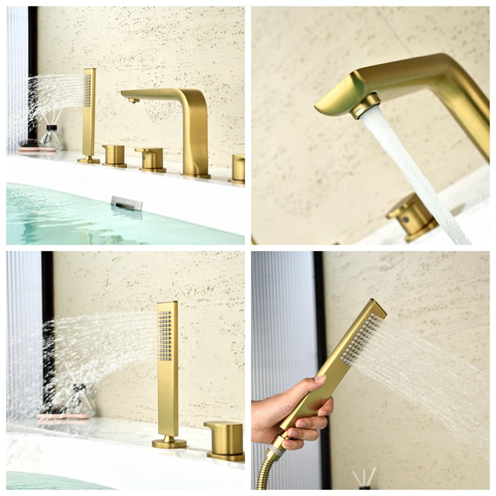 Grifo Bañera 5 Orificios Cromado con Ducha de Mano de Latón