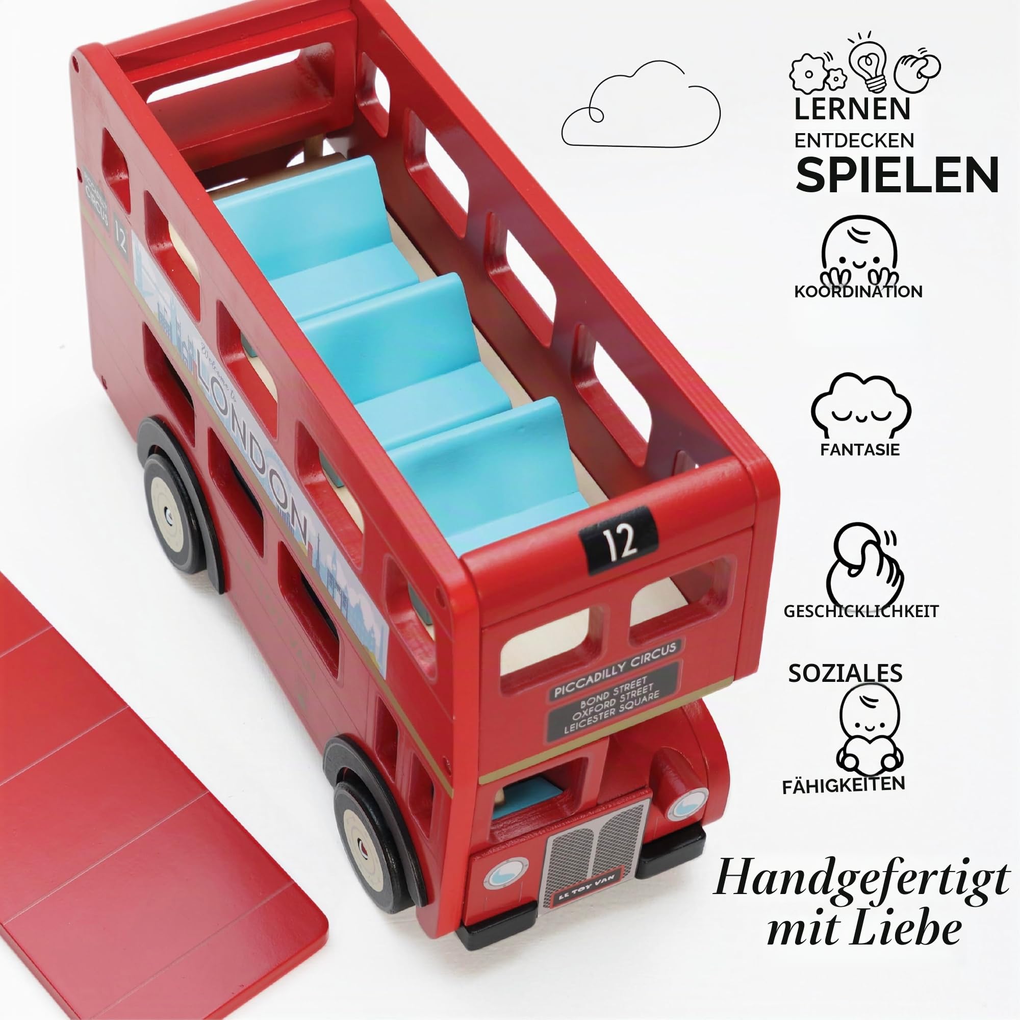 Le Toy Van - TV469 - Lernspielzeug ?London Bus" für Kleinkinder ab 3 Jahren, Doppeldeckerbus im Londoner Stil mit aufklappbarem Dach und realistischen Details, 32 x 13 x 20 cm, hergestellt aus FSC-zertifiziertem Holz