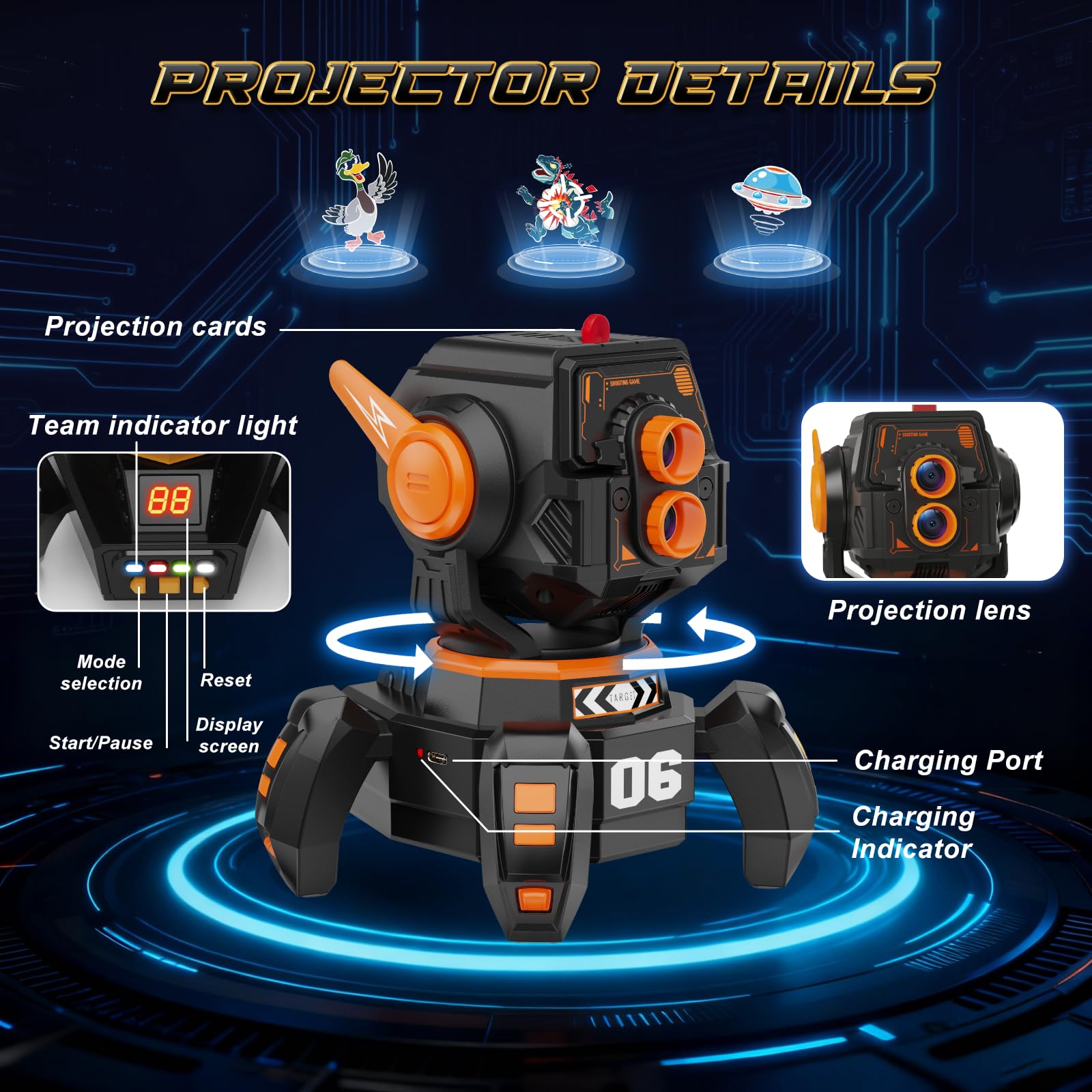 VATOS Wiederaufladbares Infrarot Laser Tag mit Projektor, 2 Spieler Spielzeug Pistole mit digitaler LED-Punktanzeige, 2.4GHz Echtzeit-Daten-SYNC, perfektes Familien-Aktivitätsspielzeug für Kinder