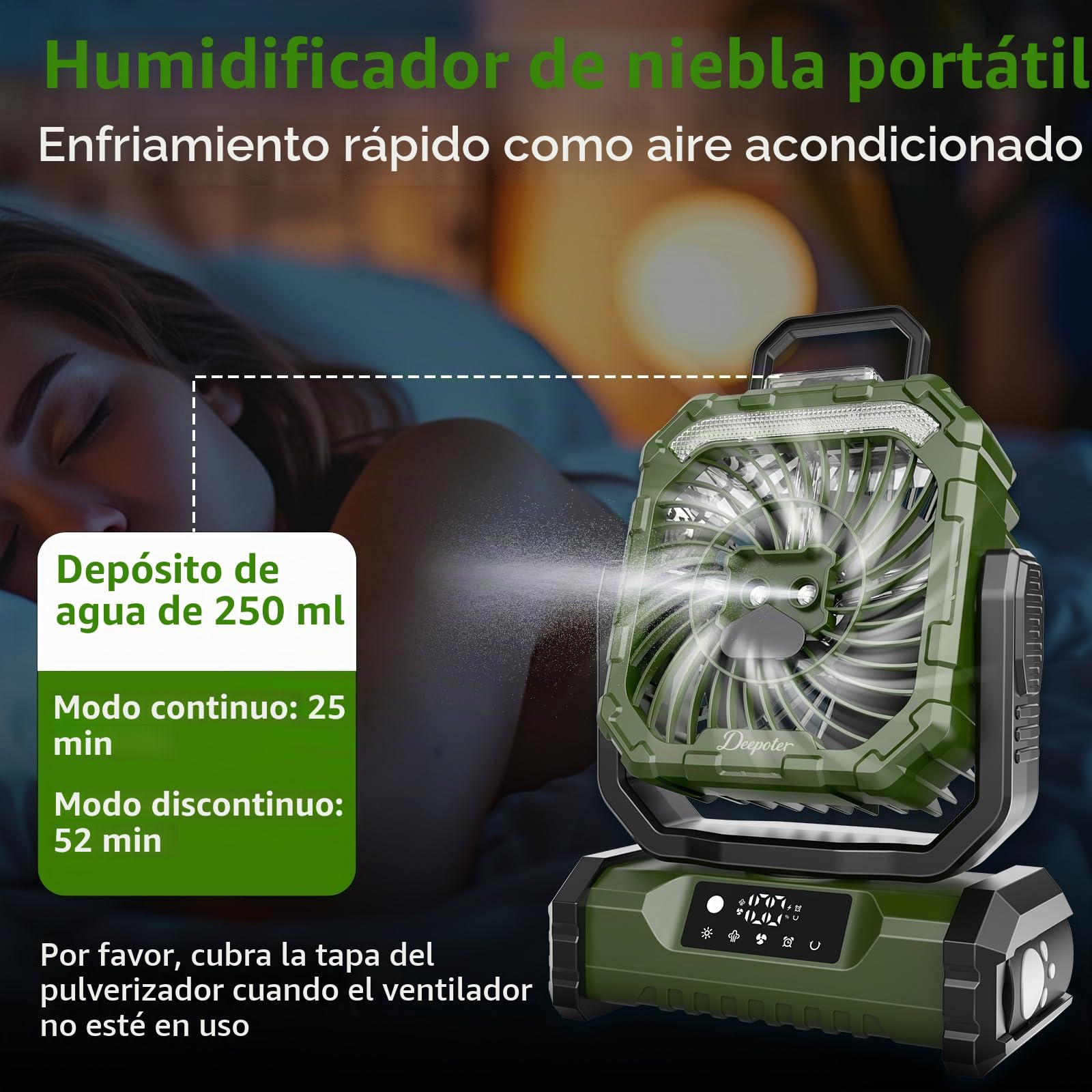 Ventilador Camping 20000mAh con Nebulizador, Ventilador Portátil Recargable Escritorio con Luz LED, Control Remoto y Gancho para Ufficio, Tienda, Exterior Viajes, Spiaggia, Pesca - Verde