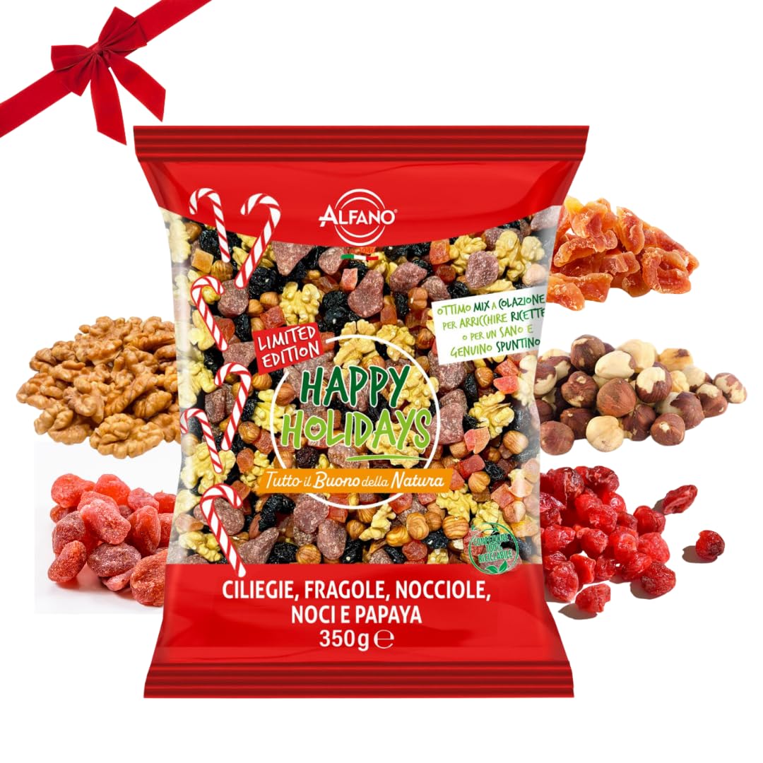 Alfano dal 1940 Misto Happy Holiday 350g Frutta Secca Nocciole, Noci, Ciliegie Disidratate, Fragole Disidratate e Papaya Disidratata (12 Pezzi)