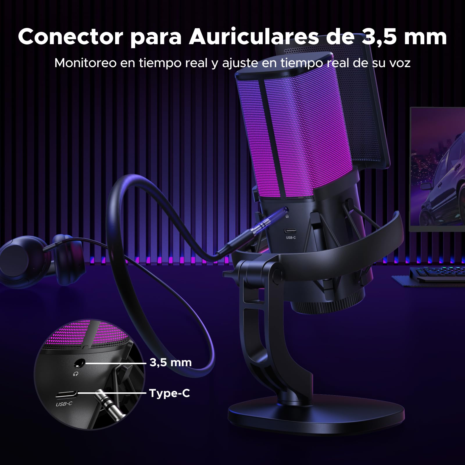 UGREEN Micrófono para Juegos USB con Efectos de Iluminación RGB | 96 KHz 24 Bits Reducción de Ruido DSP Para Grabación Juegos Transmisión en Vivo Podcasts Compatible con PS5 PS4 Portátiles