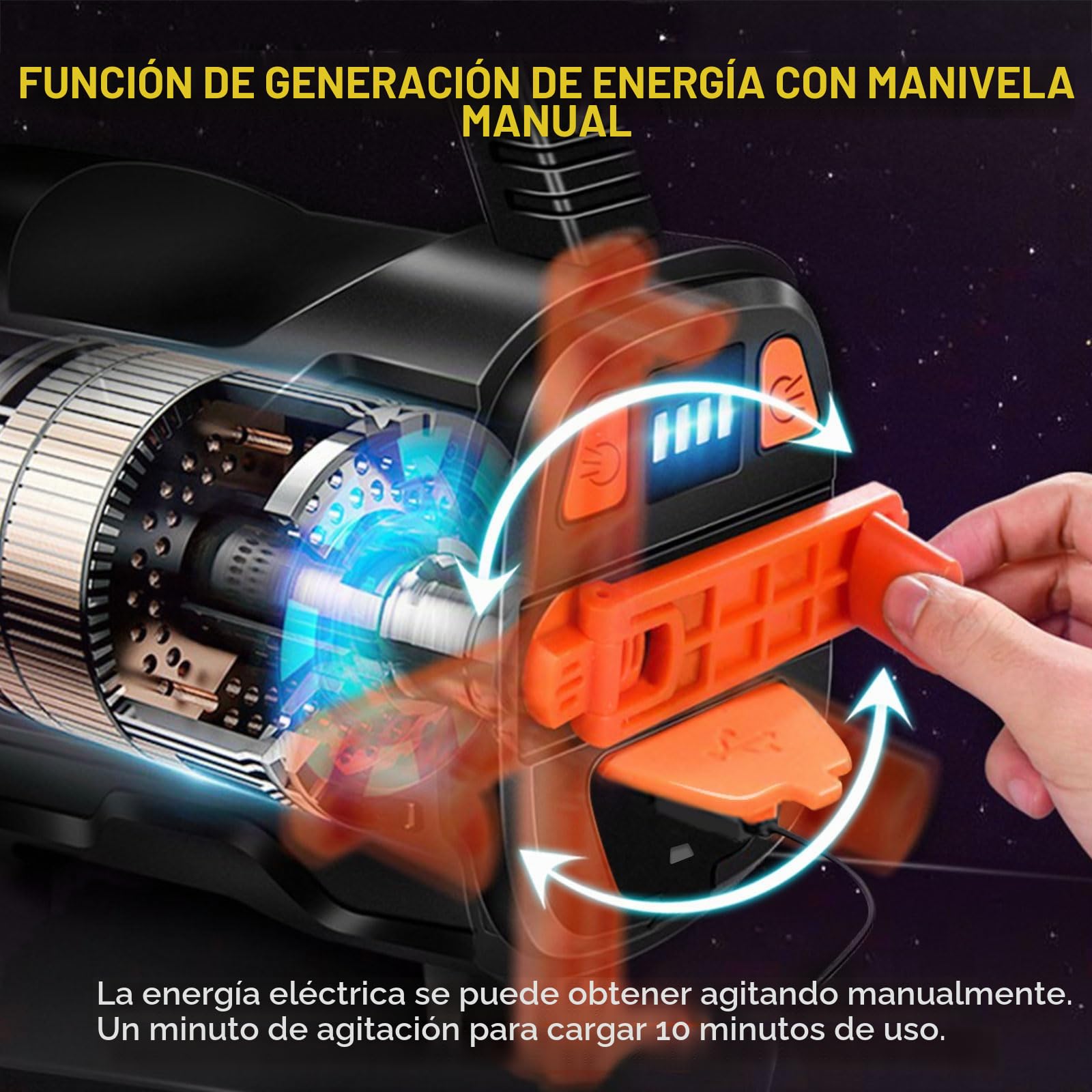 Linterna LED de Manivela, 3 Fuentes de luz Independientes, 6 Modos | 7000 LM, 3200 mAh, linterna Potente de Mano con Clasificación IPX4, Apta para actividades al aire libre y cortes de luz