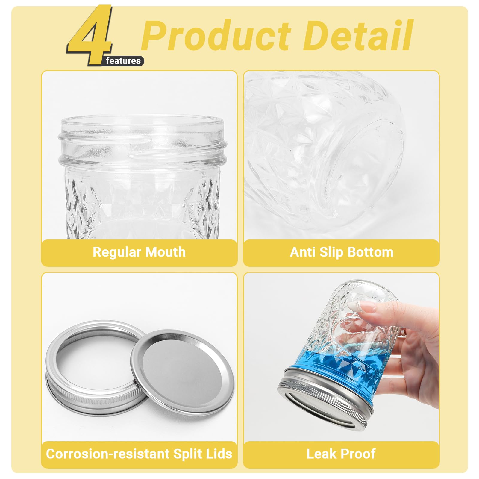 Einmachgläser aus Glas, 237 ml, normale Öffnung, mit silbernen und goldenen Aluminiumdeckeln und Bändern, luftdichte Marmeladengläser für Lebensmittelaufbewahrung, Einlegen, Gären, Honig,