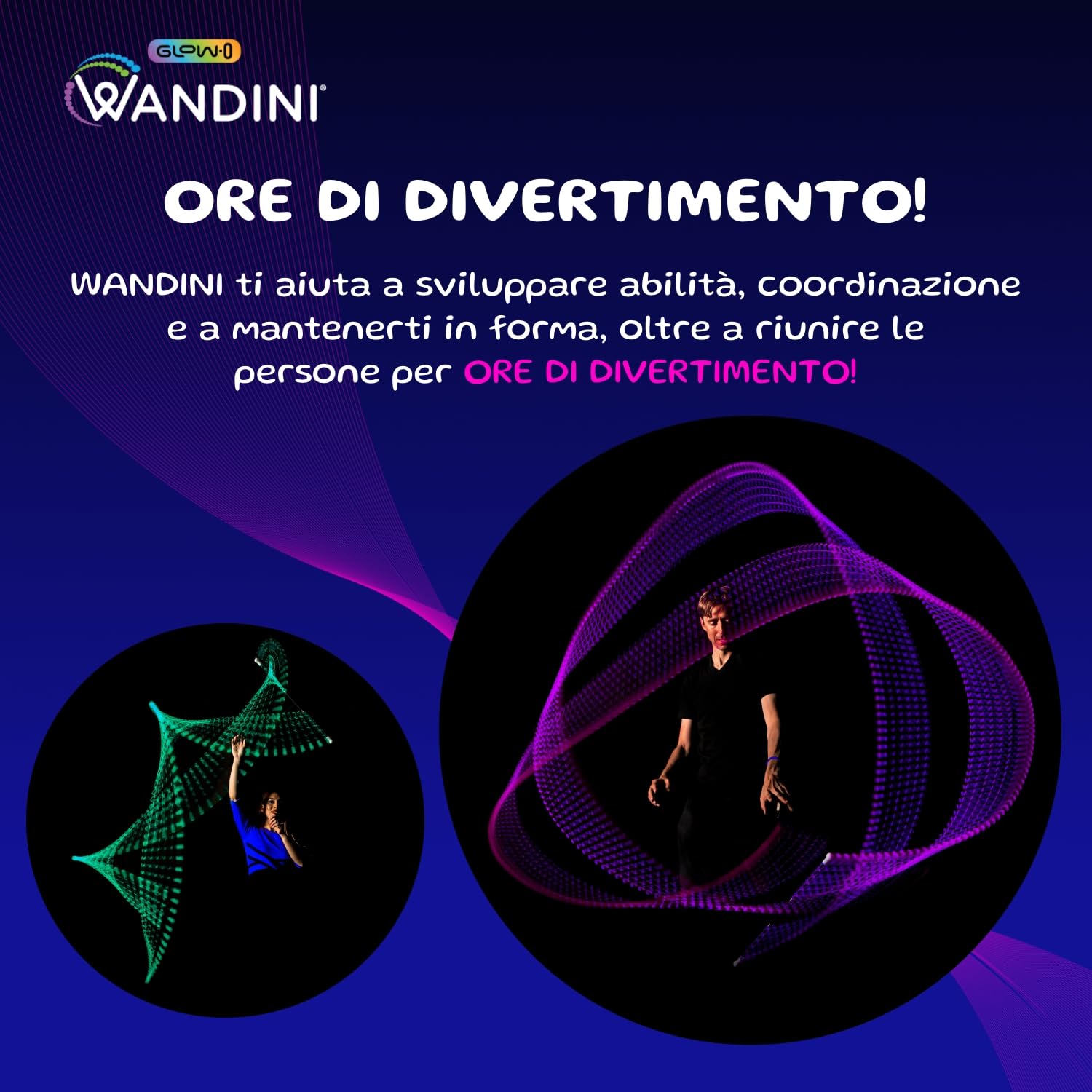 Wandini Glow.0 Bacchetta Magica a LED – Glow Stick a LED Pieghevole – Bastone Magico Ricaricabile Via USB - Bacchetta con Luci a LED Colorate - 22 modalità - Brevettata e Sapientemente Bilanciata